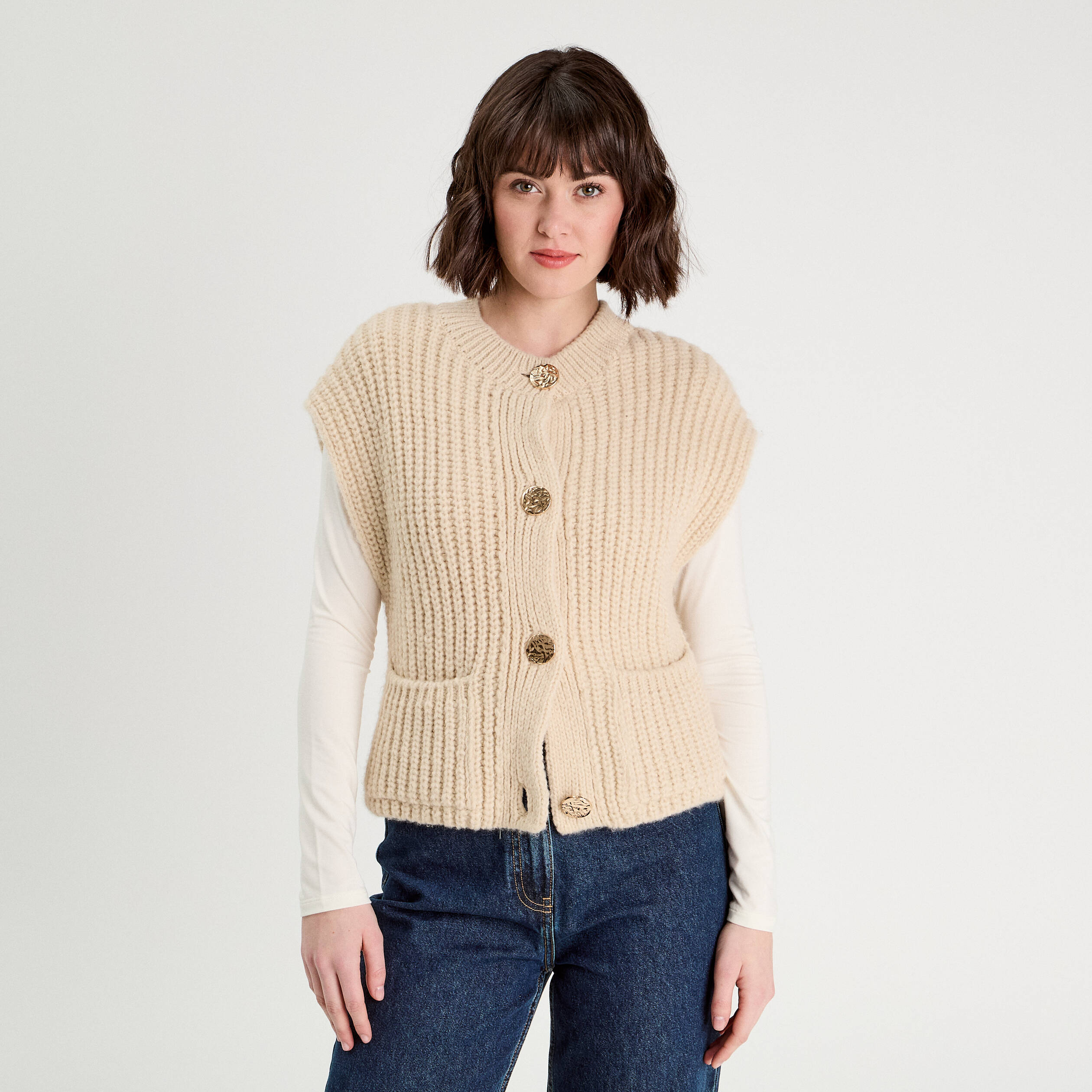 gilet sans manches ecru femme Gilet sans manches ecru femme