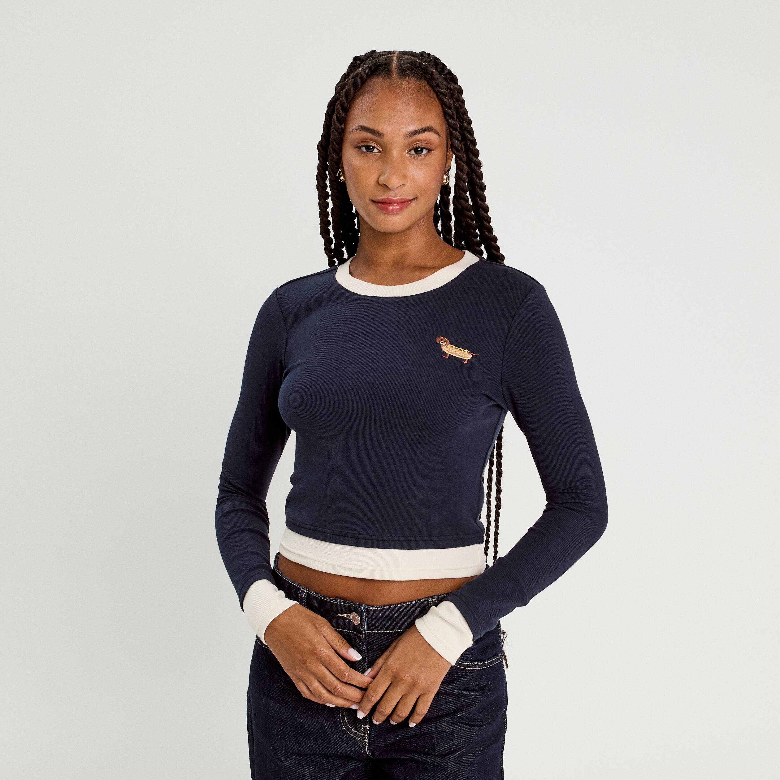 T-shirt cropped 2-en-1 bleu marine femme