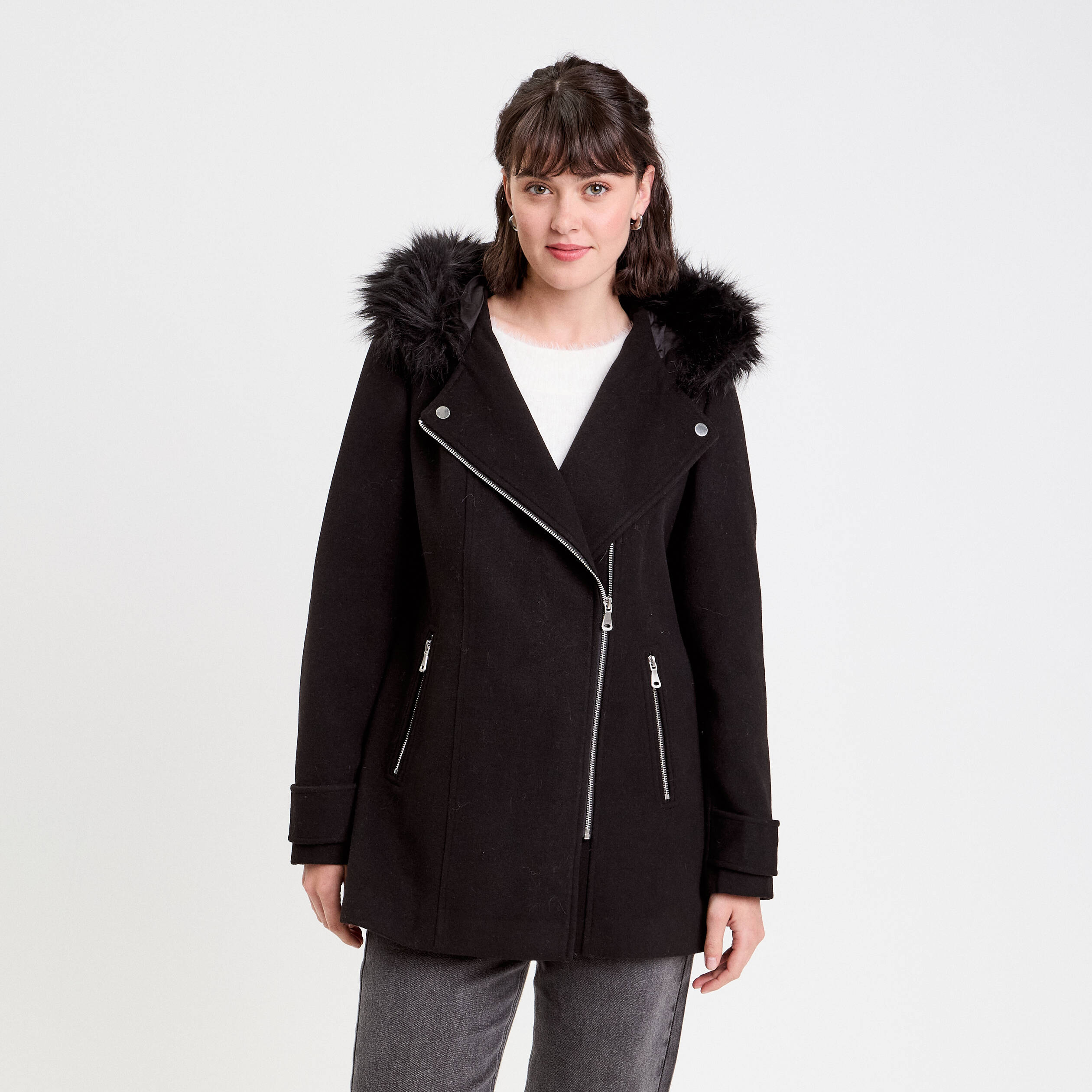 Manteau droit avec capuche noir femme