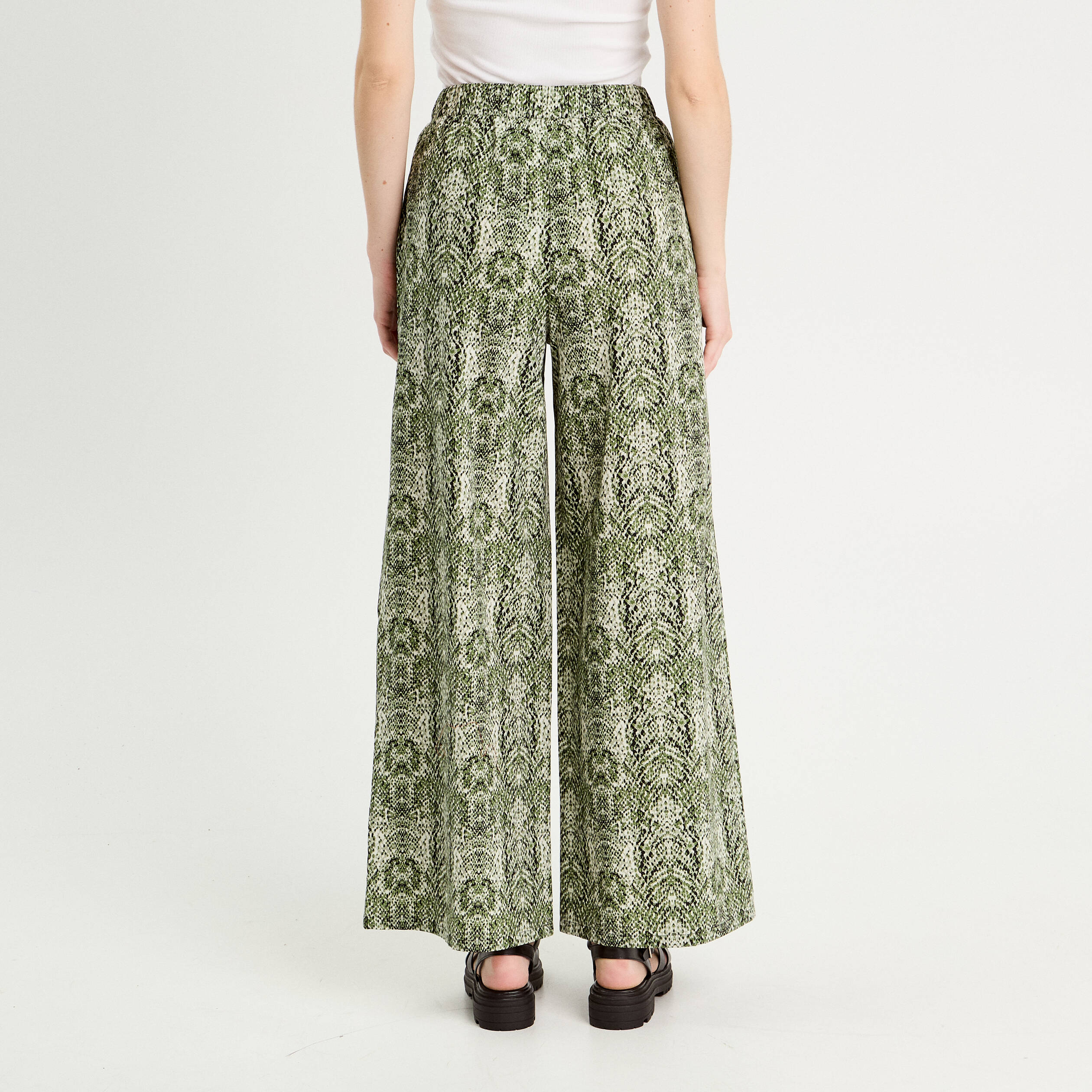 Pantalon large taille haute vert kaki femme
