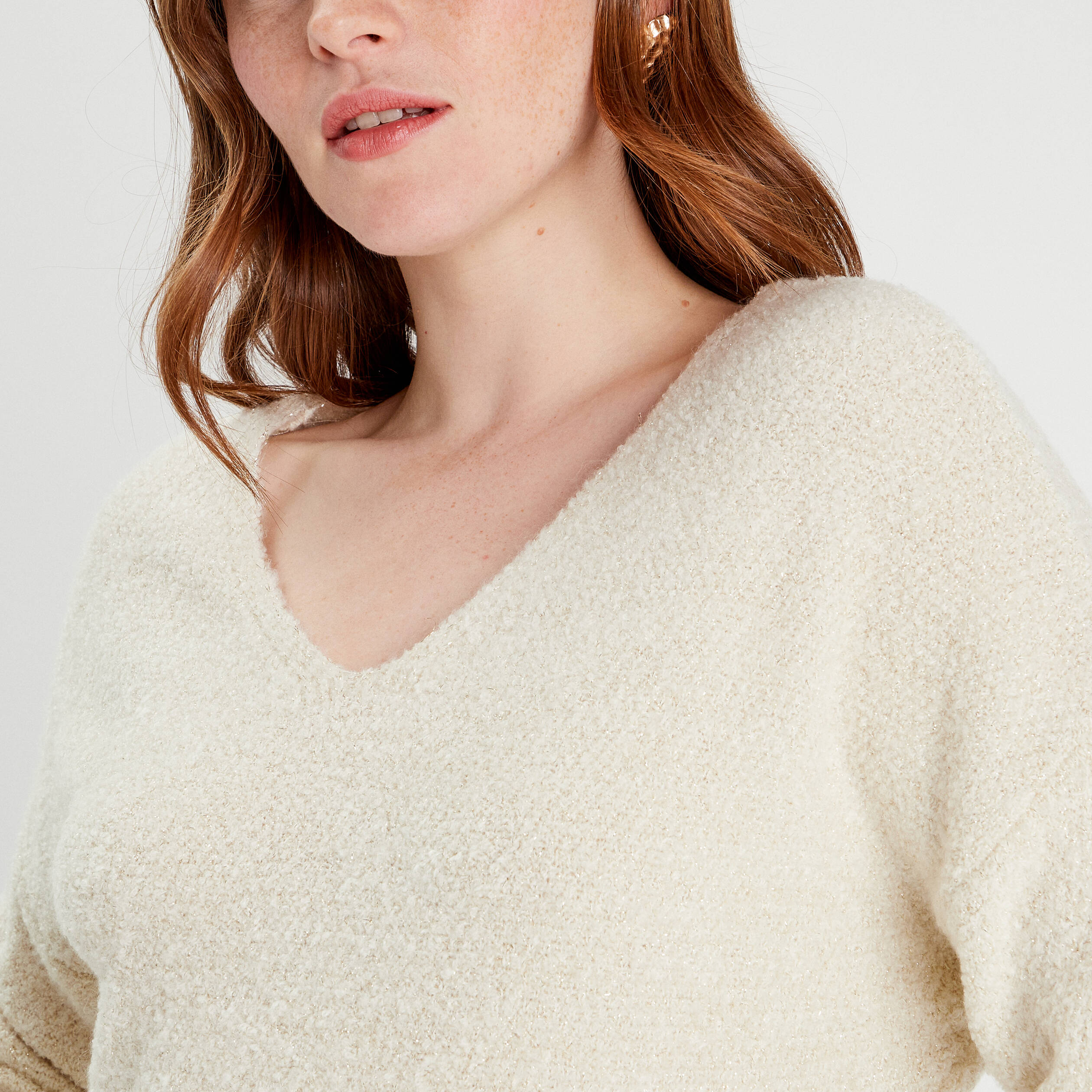 Pull manches longues col en V ecru femme