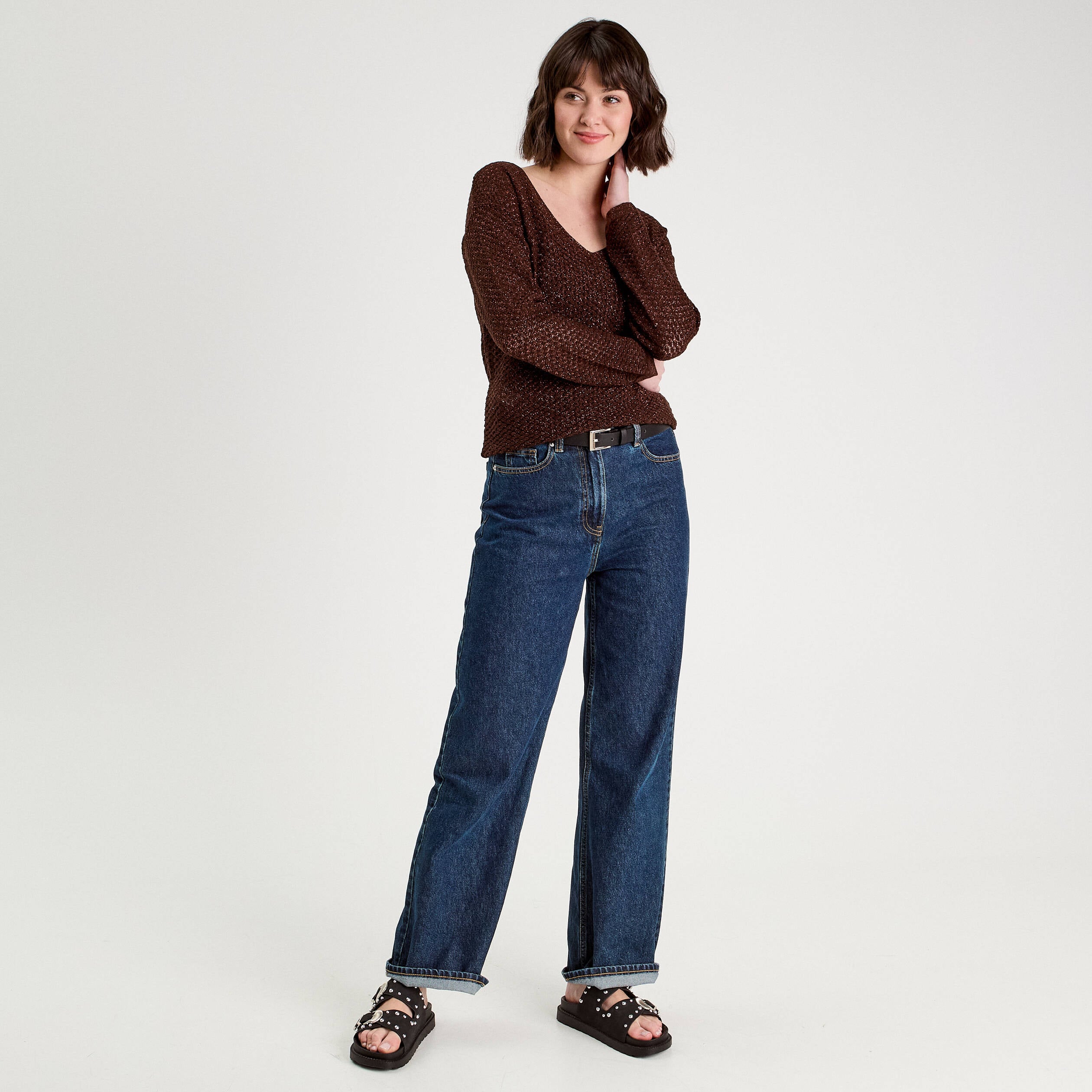 Pull ajour&eacute; manches longues marron fonc&eacute; femme