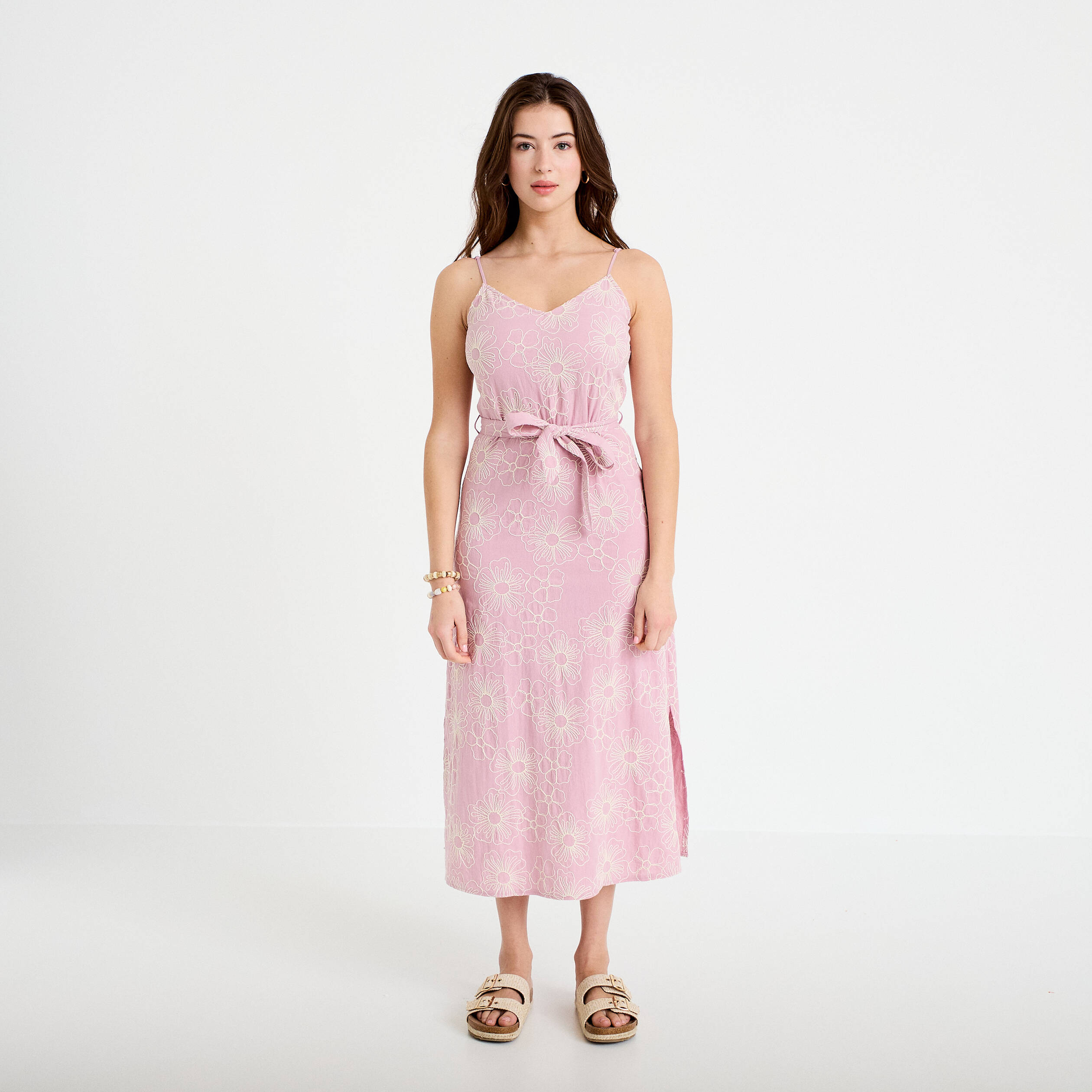 Robe droite 3/4 col v fines bretelles rose clair femme