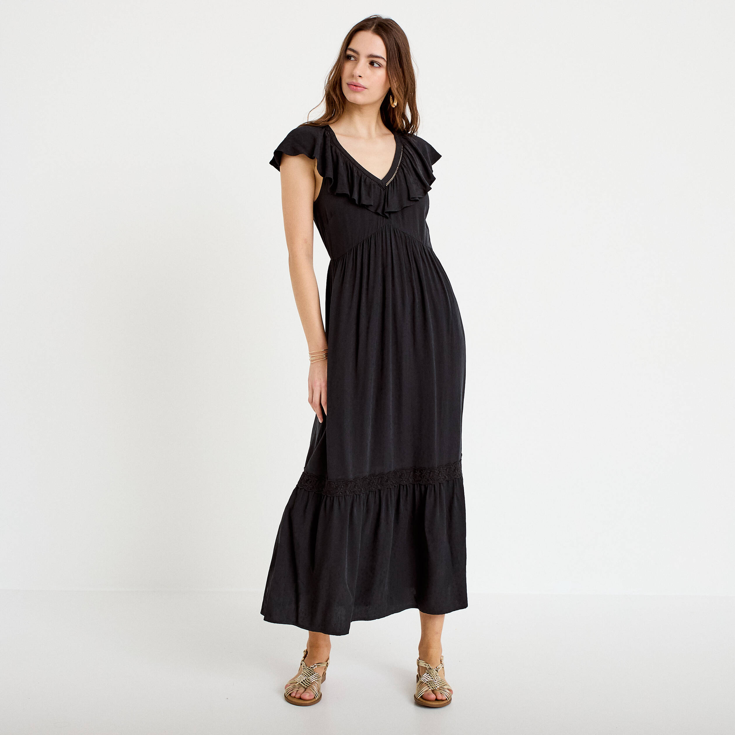 Robe longue &eacute;vas&eacute;e col v manches courtes noir femme