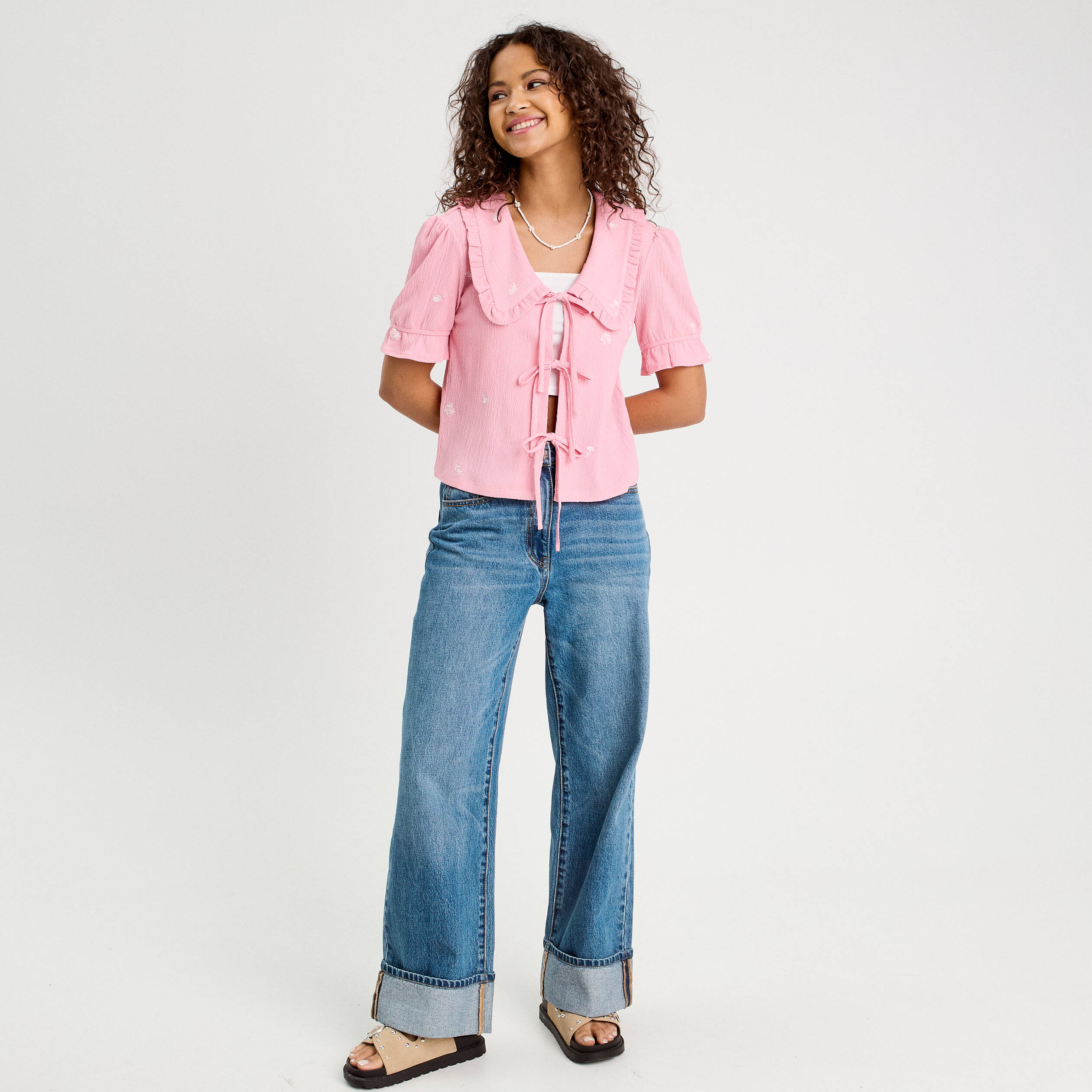 Blouse nou&eacute;e brod&eacute;e rose poudr&eacute;e femme