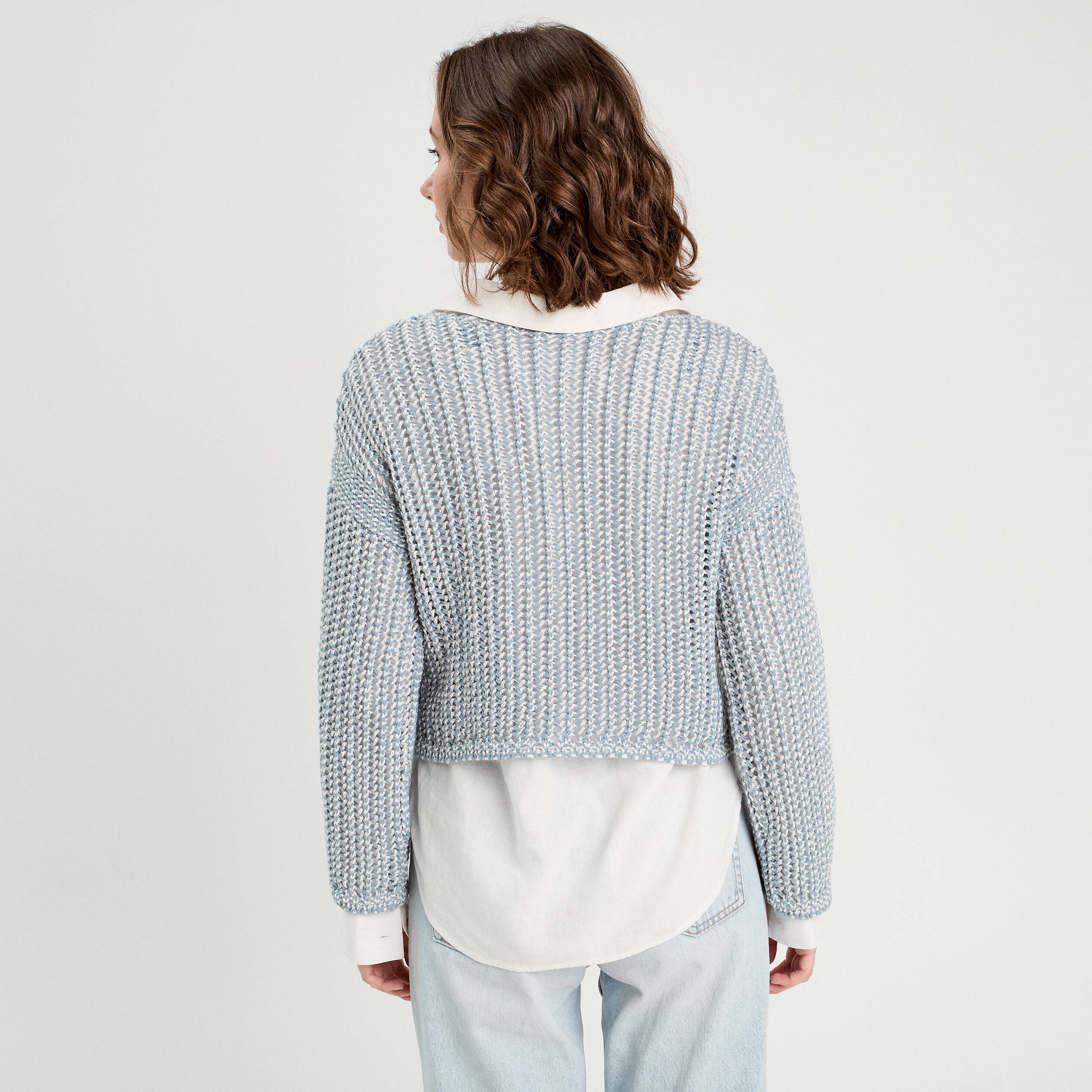 Pull manches longues ajouré bleu pastel femme