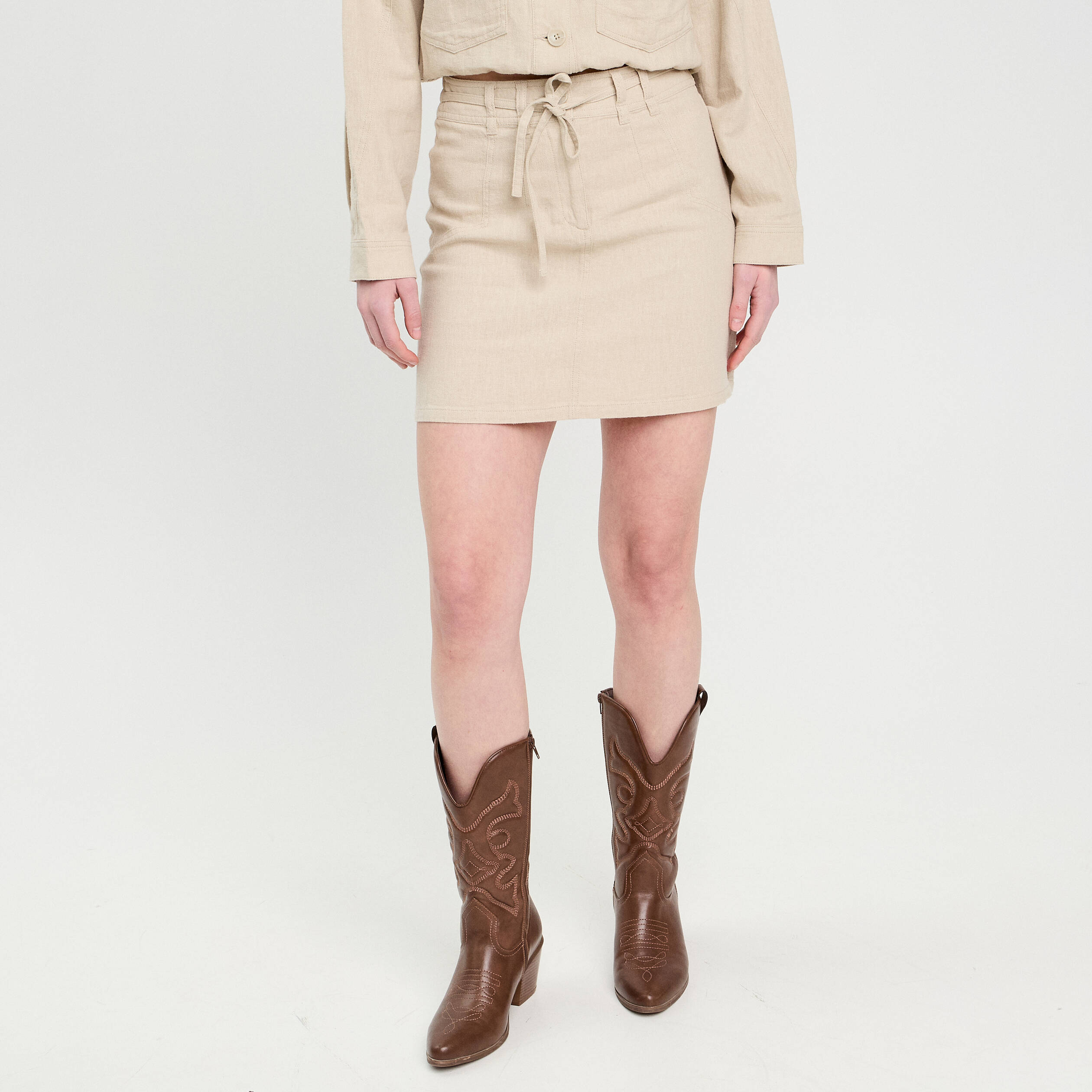 Jupe droite contenant du lin beige femme