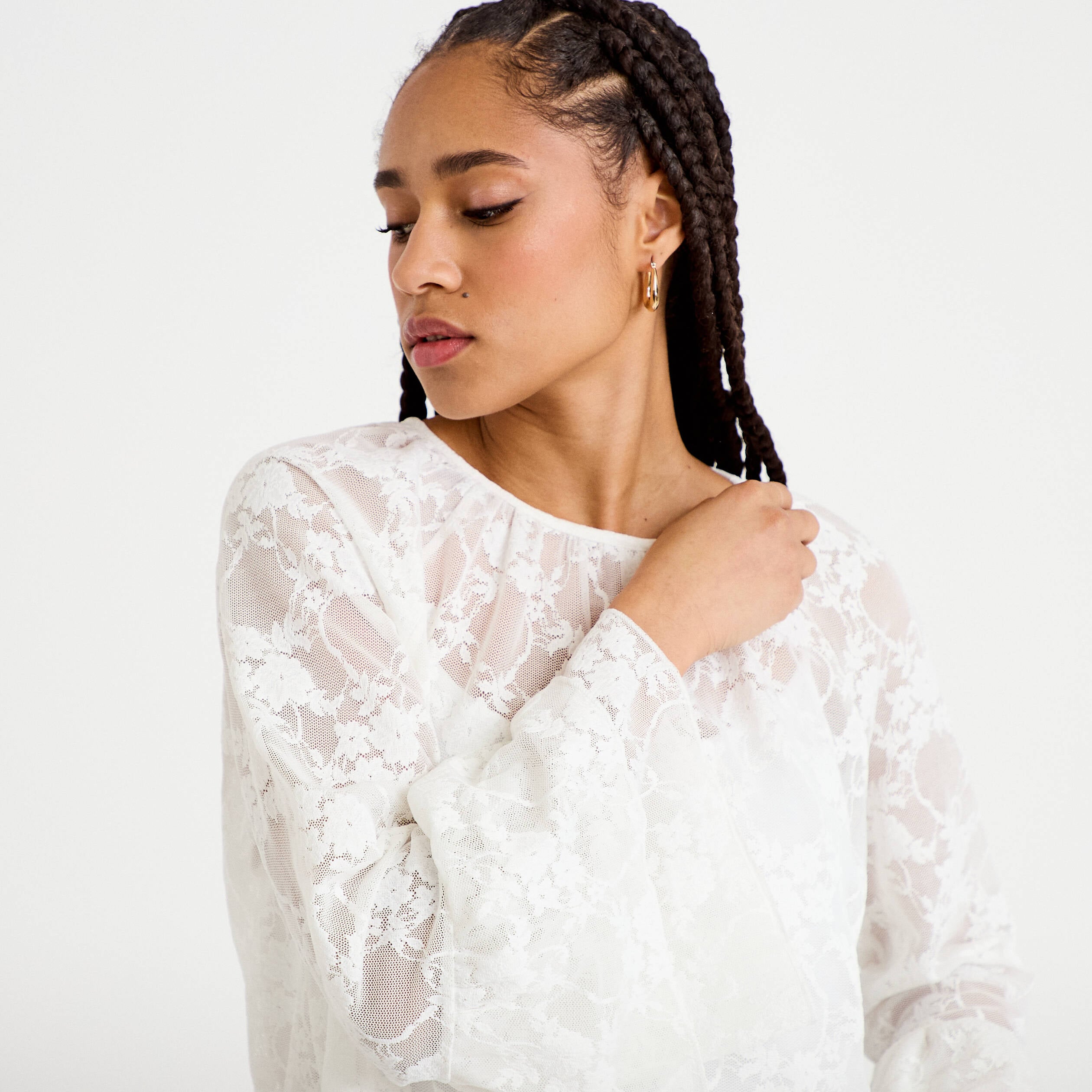 Blouse col rond manches longues dentelle ecru femme