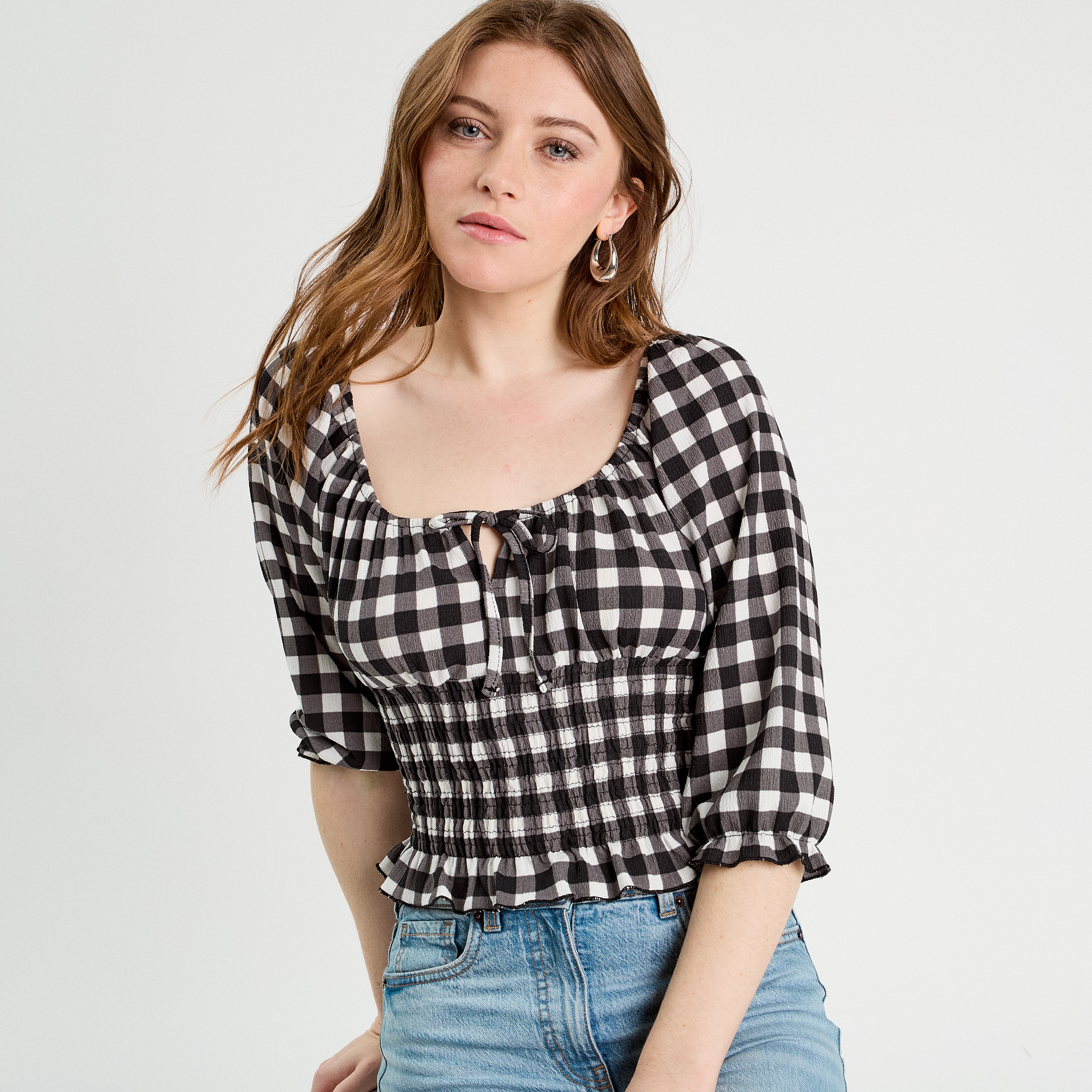 Blouse smock&eacute;e manches 3/4 blanc femme