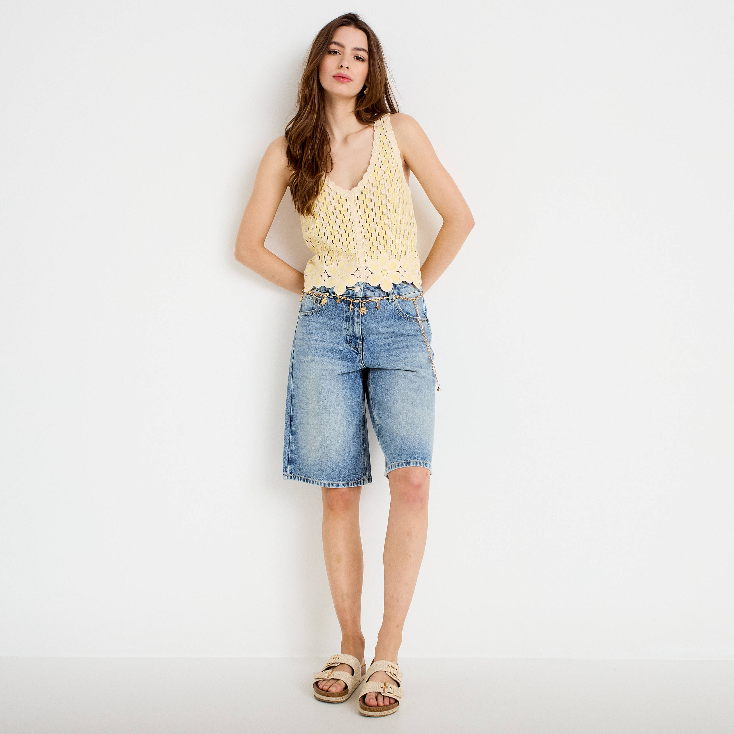 D&eacute;bardeur col v aspect dentelle jaune clair femme