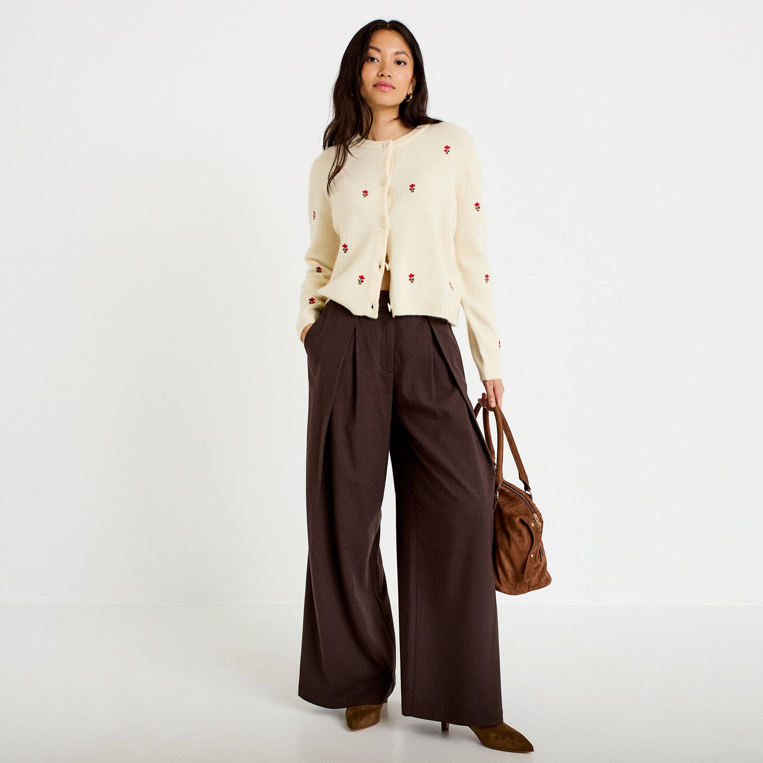 Pantalon bootcut taille haute chin&eacute; marron femme