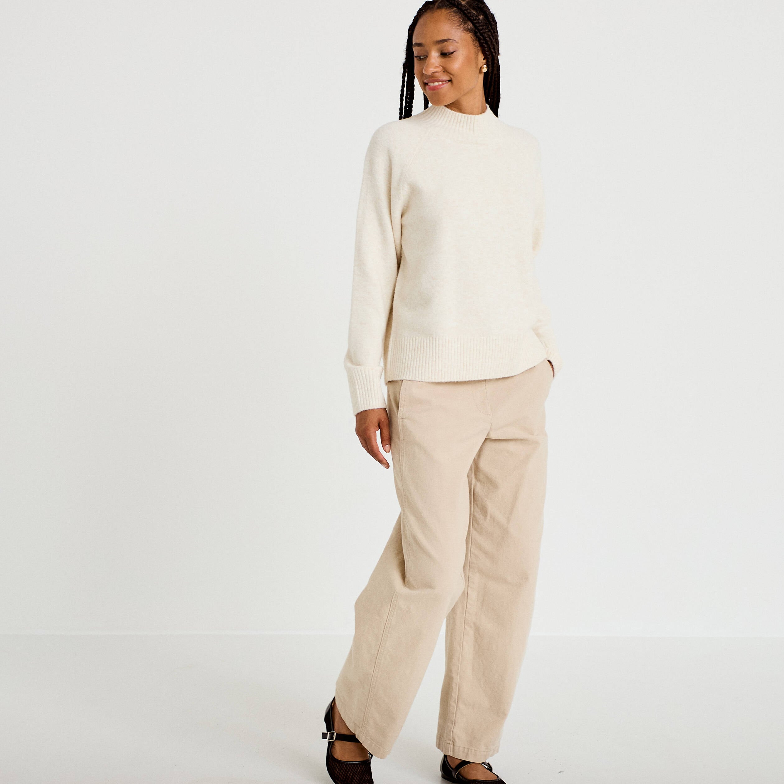 Pantalon chino coupe barrel beige femme
