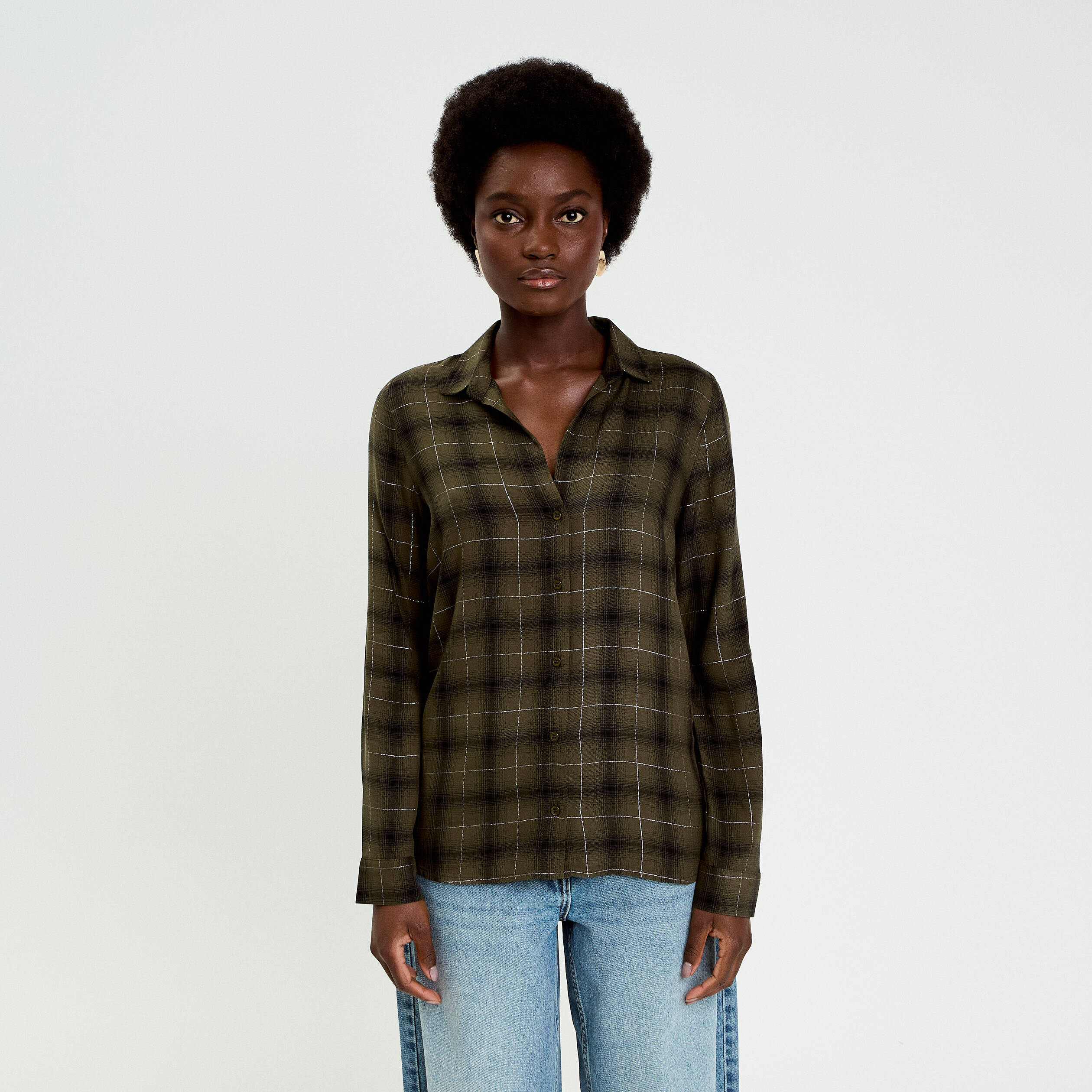 Chemise &agrave; carreaux fils m&eacute;tallis&eacute;s vert menthe femme