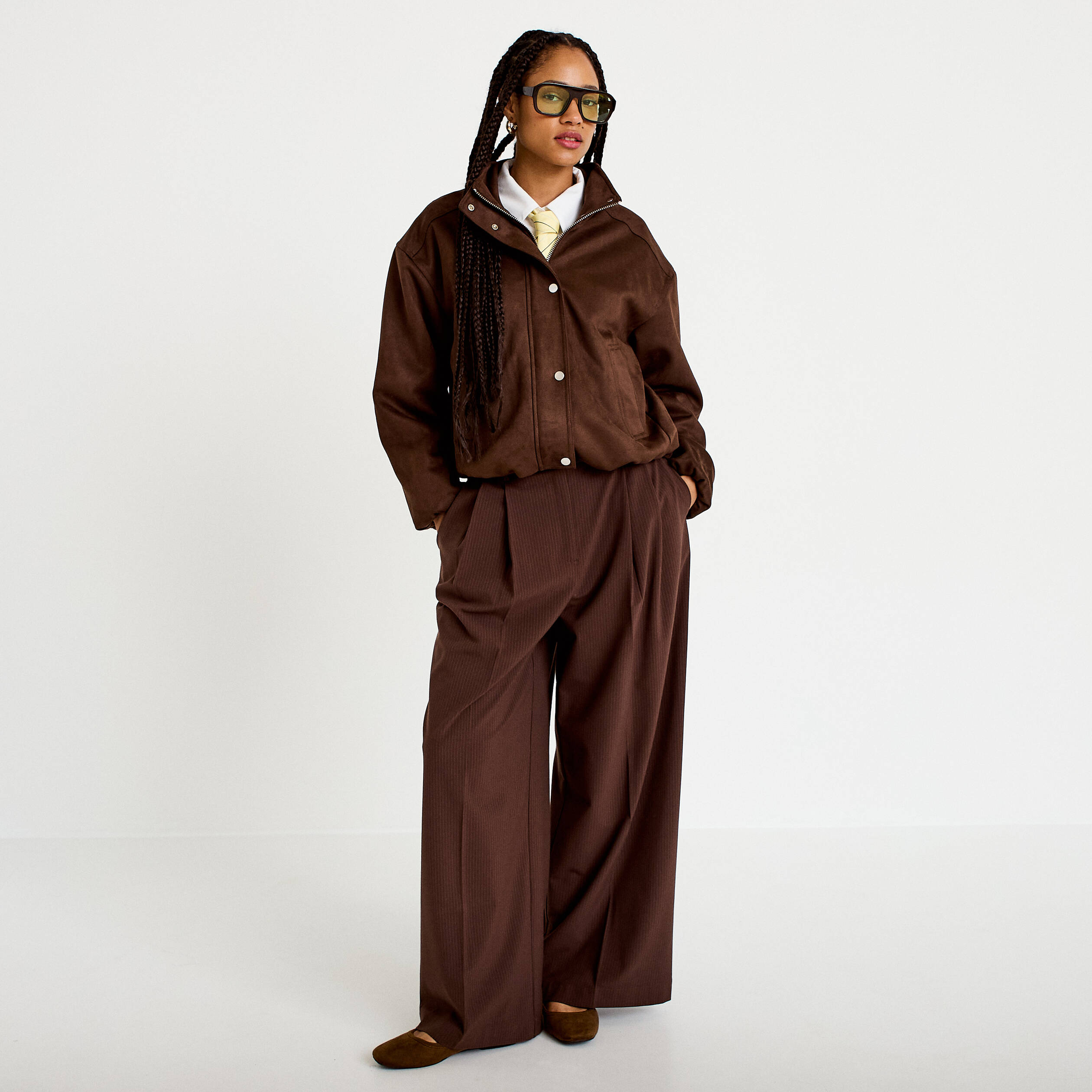 Veste effet boule col montant marron chocolat femme