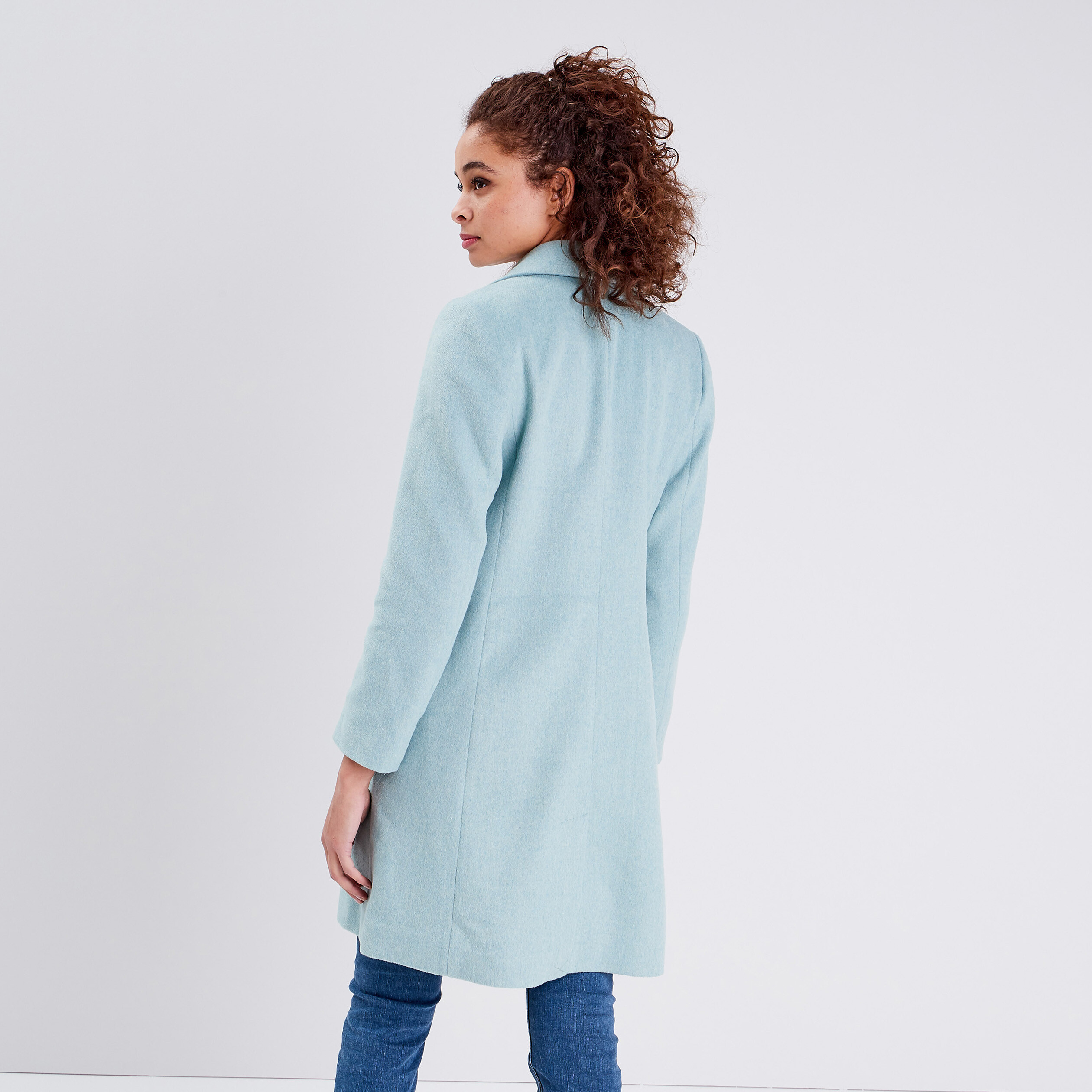Manteau droit boutonné bleu turquoise femme