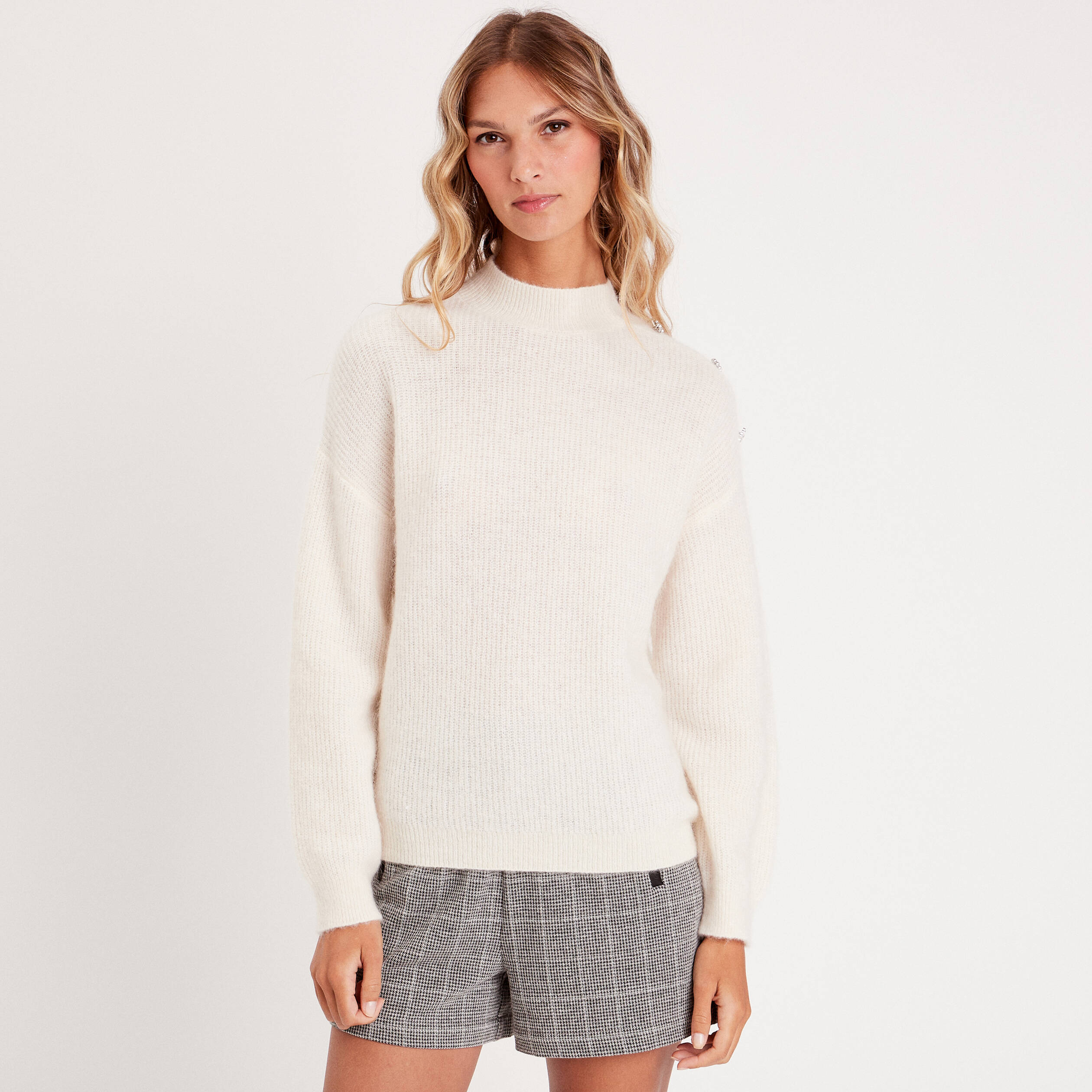Pull col montant ecru femme
