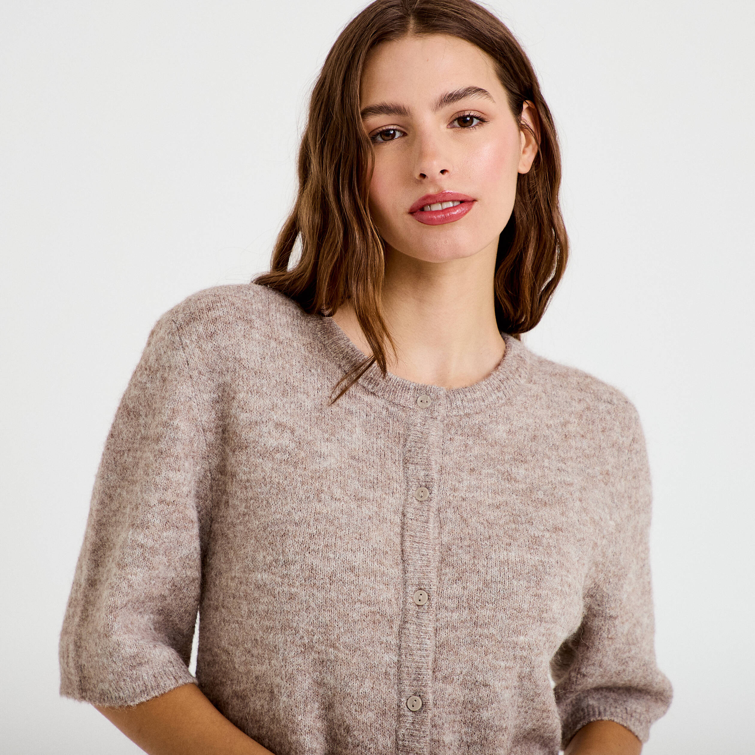 Gilet duveteux manches 3/4 taupe femme