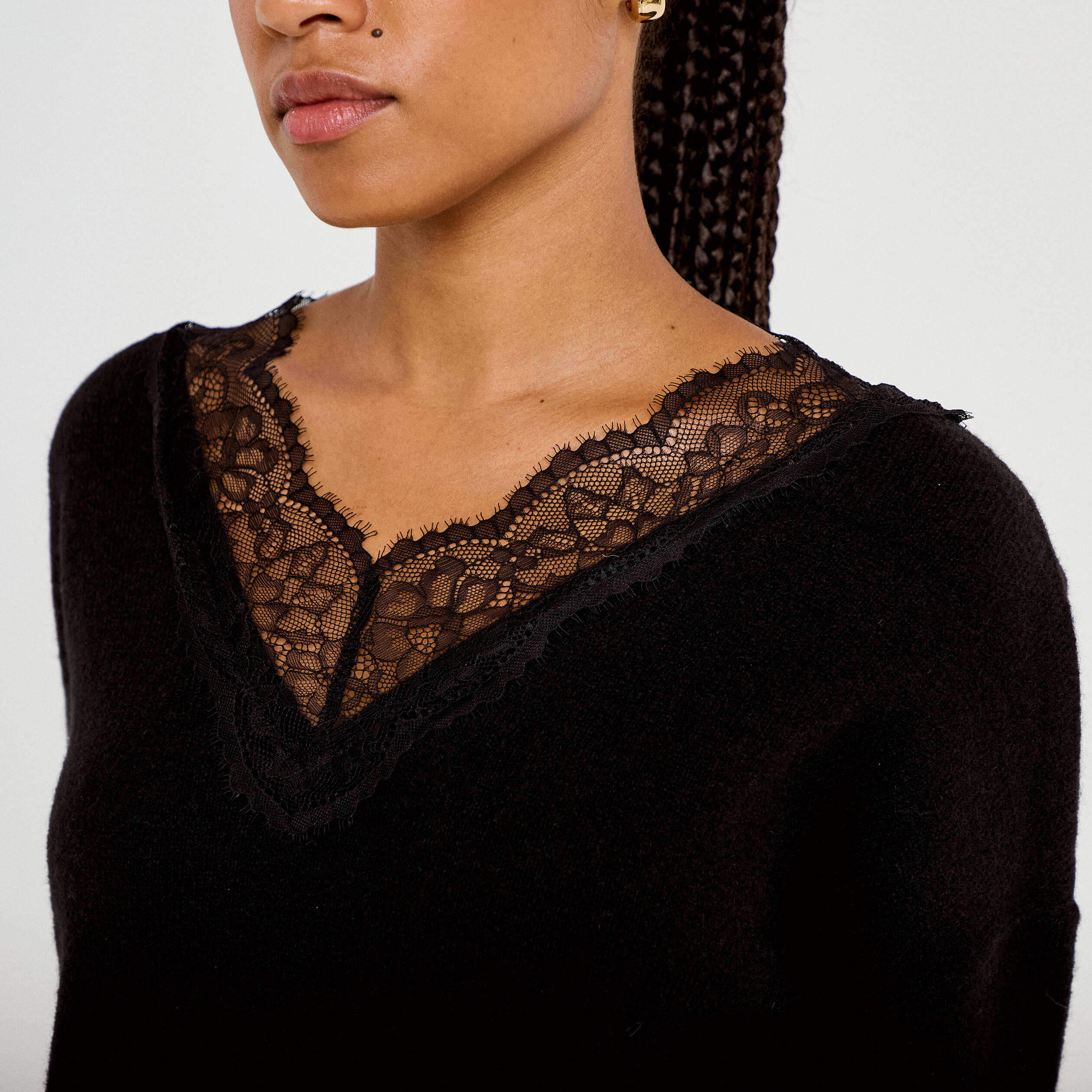 Pull col v manches longues dentelle noir femme