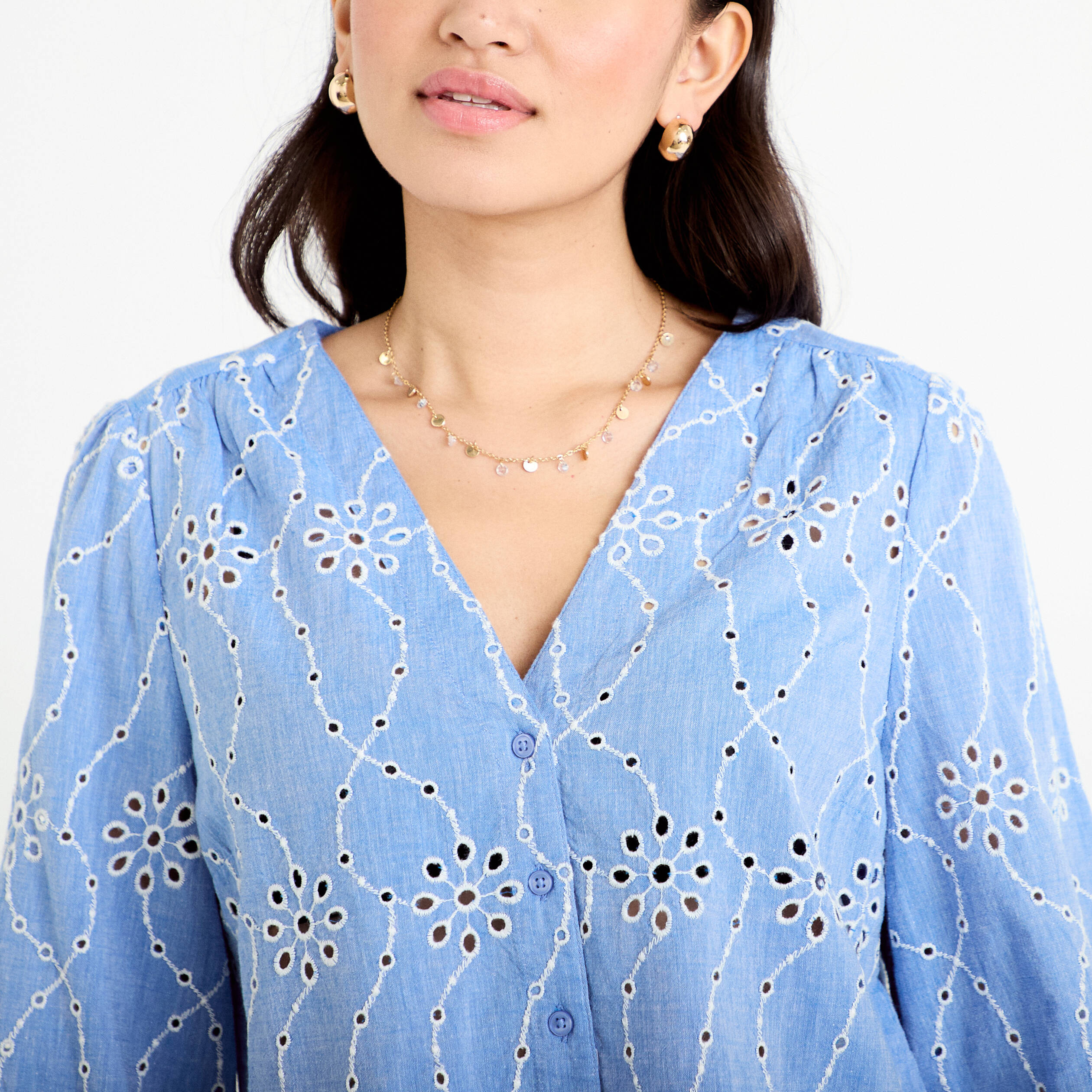 Blouse broderie anglaise bleu gris femme