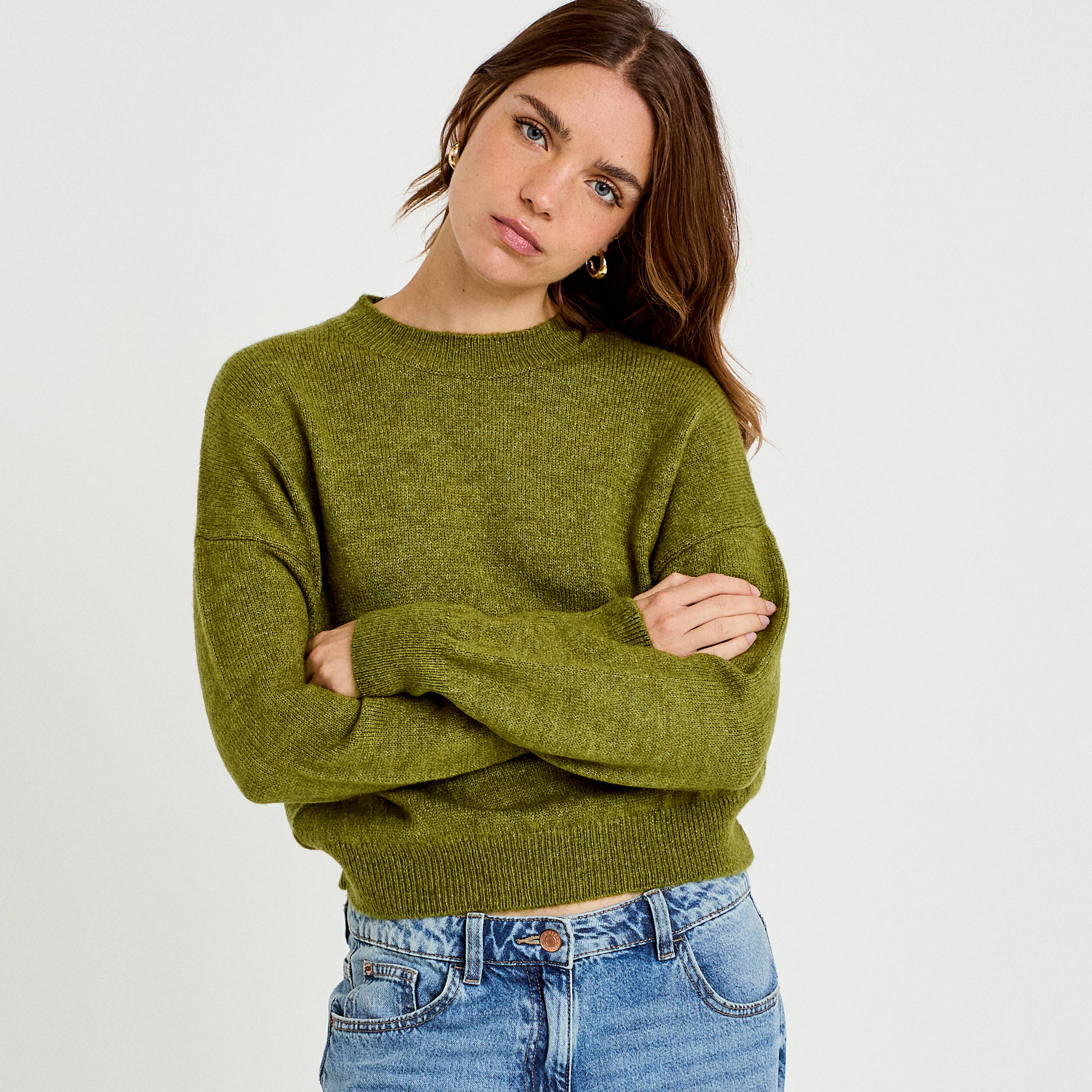 Pull col rond manches longues vert fonc&eacute; femme