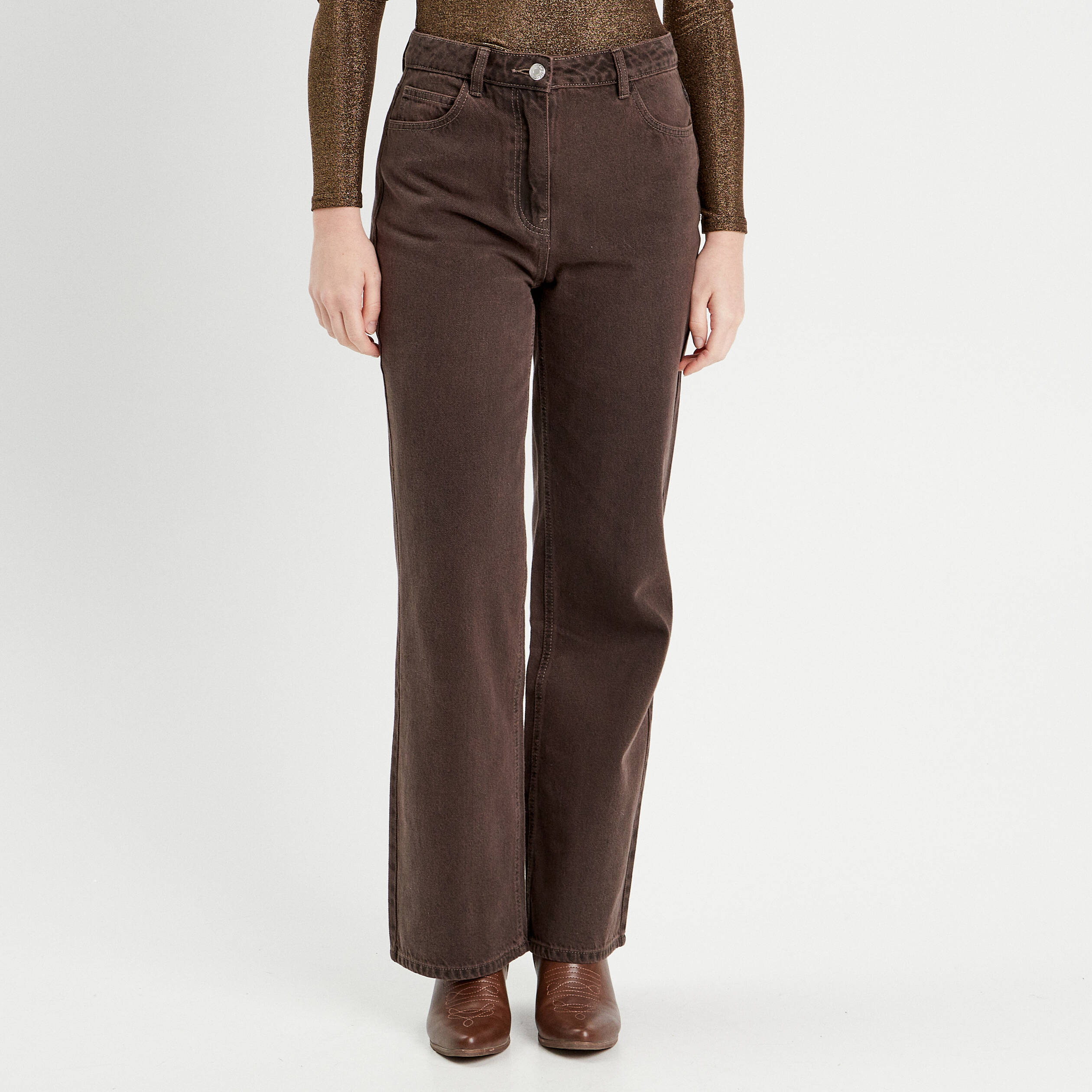 Jeans wide leg taille haute marron fonc&eacute; femme