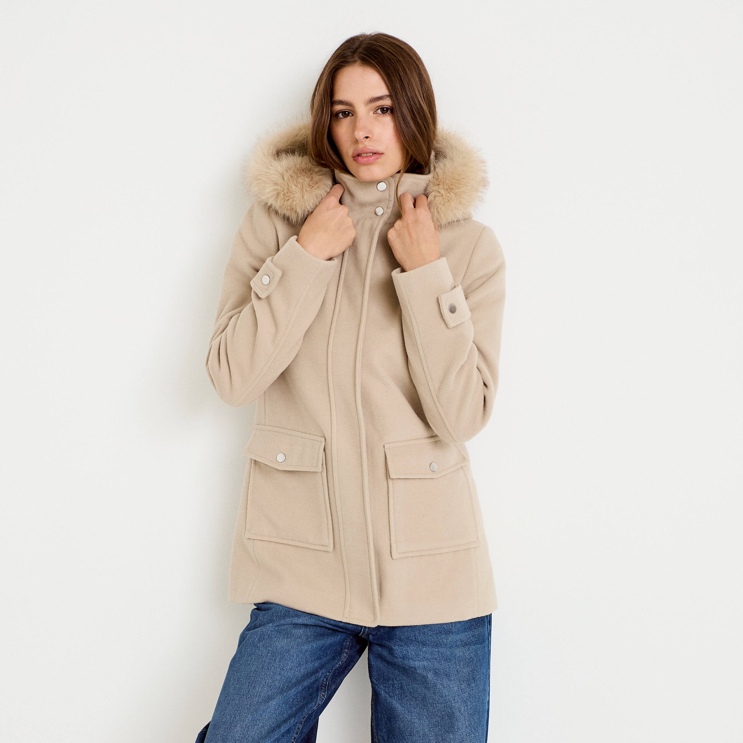 Manteau mi-long &agrave; capuche beige femme