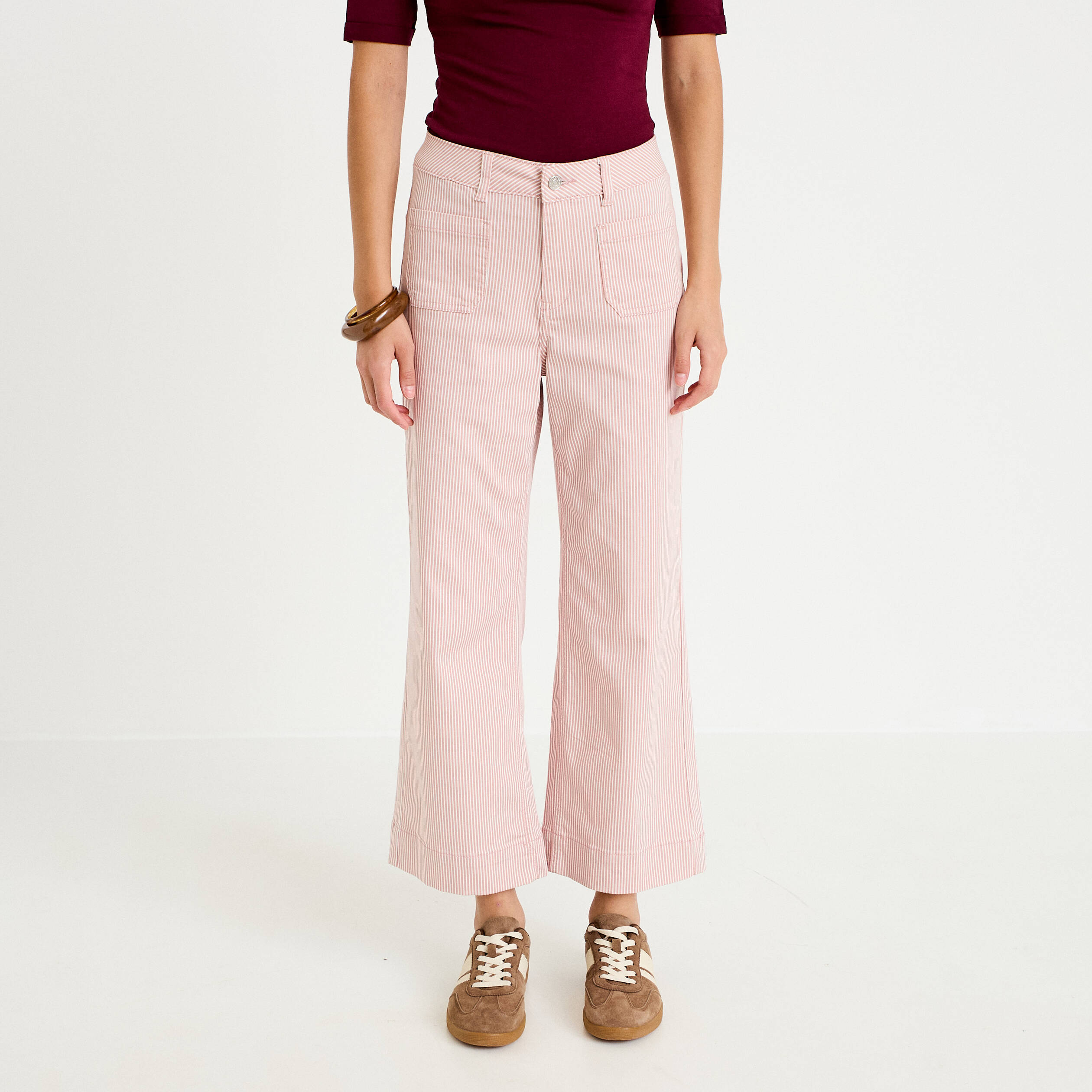 Pantalon large cropped taille haute rose nude femme