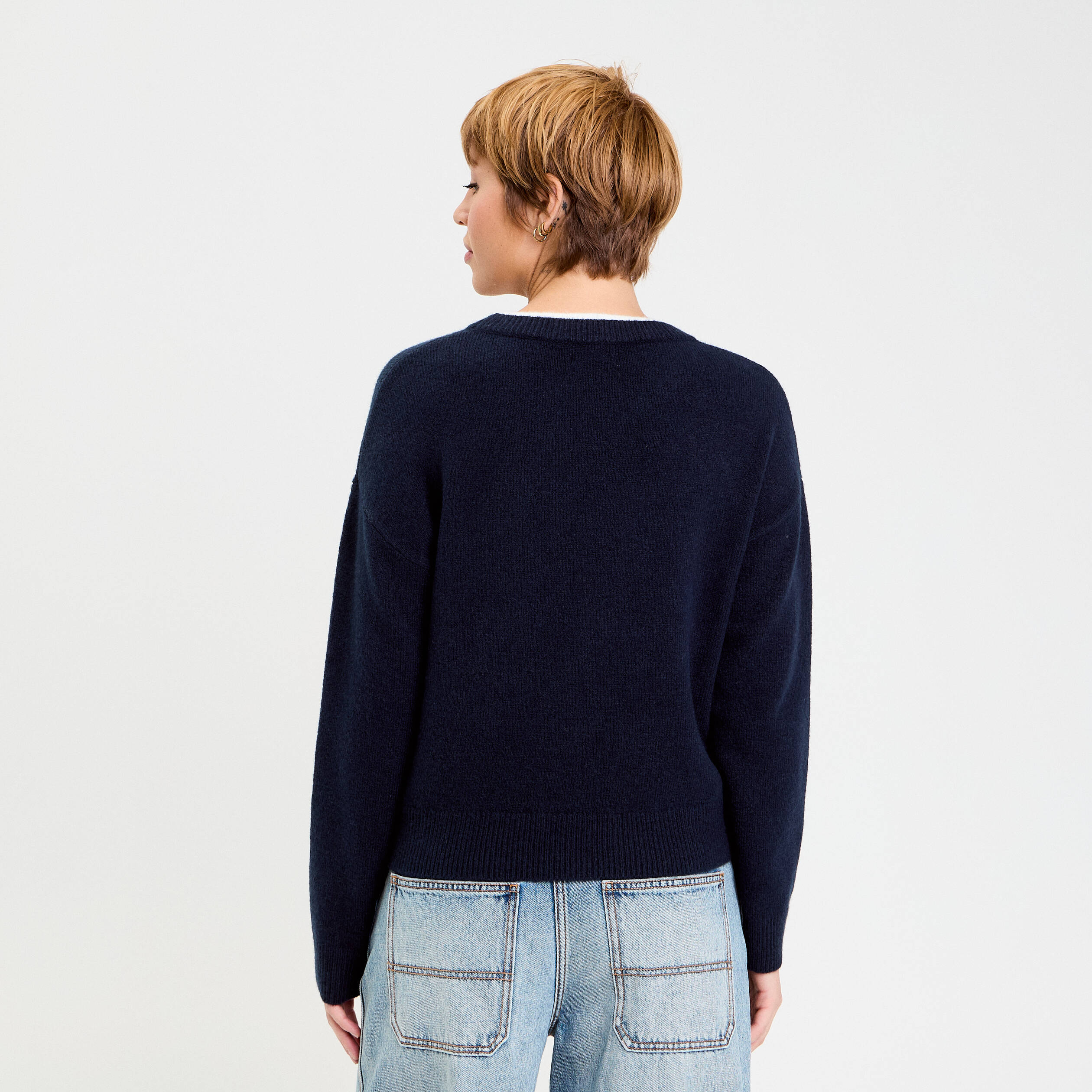 Pull col rond manches longues bleu marine femme