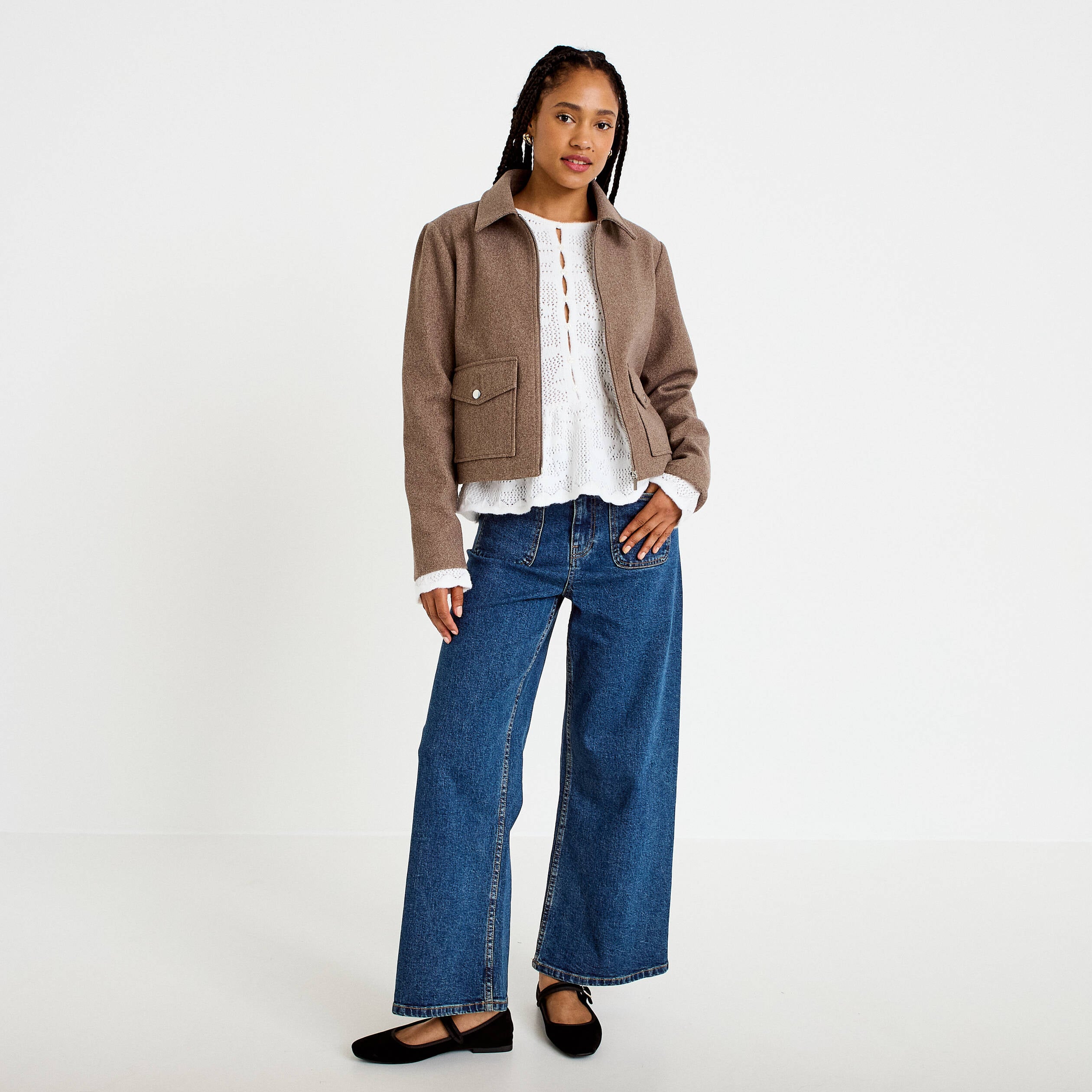 Pull ajour&eacute; p&eacute;plum manches longues ecru femme