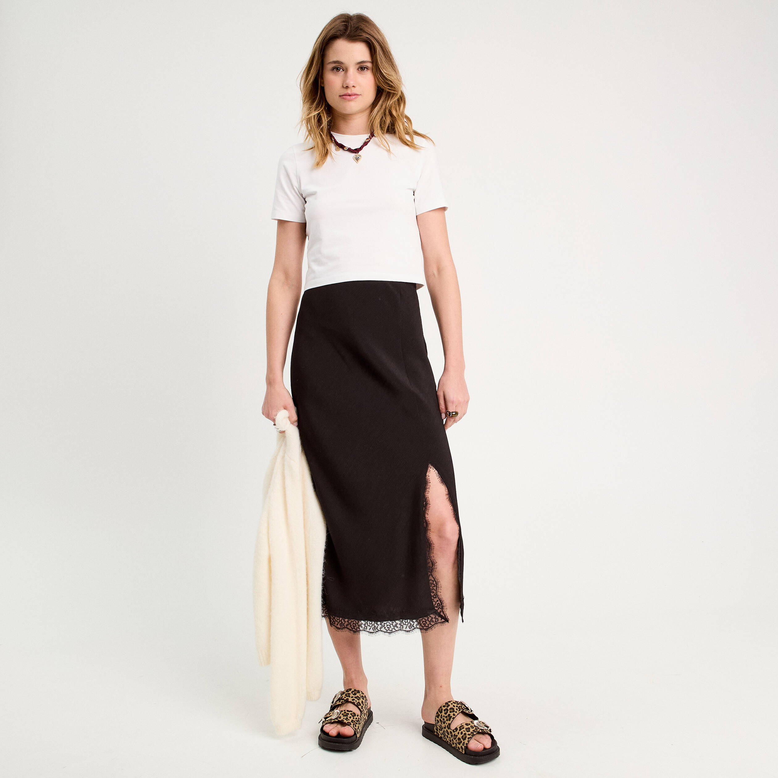 jupe midi droite fendue noir femme Jupe midi droite fendue noir femme