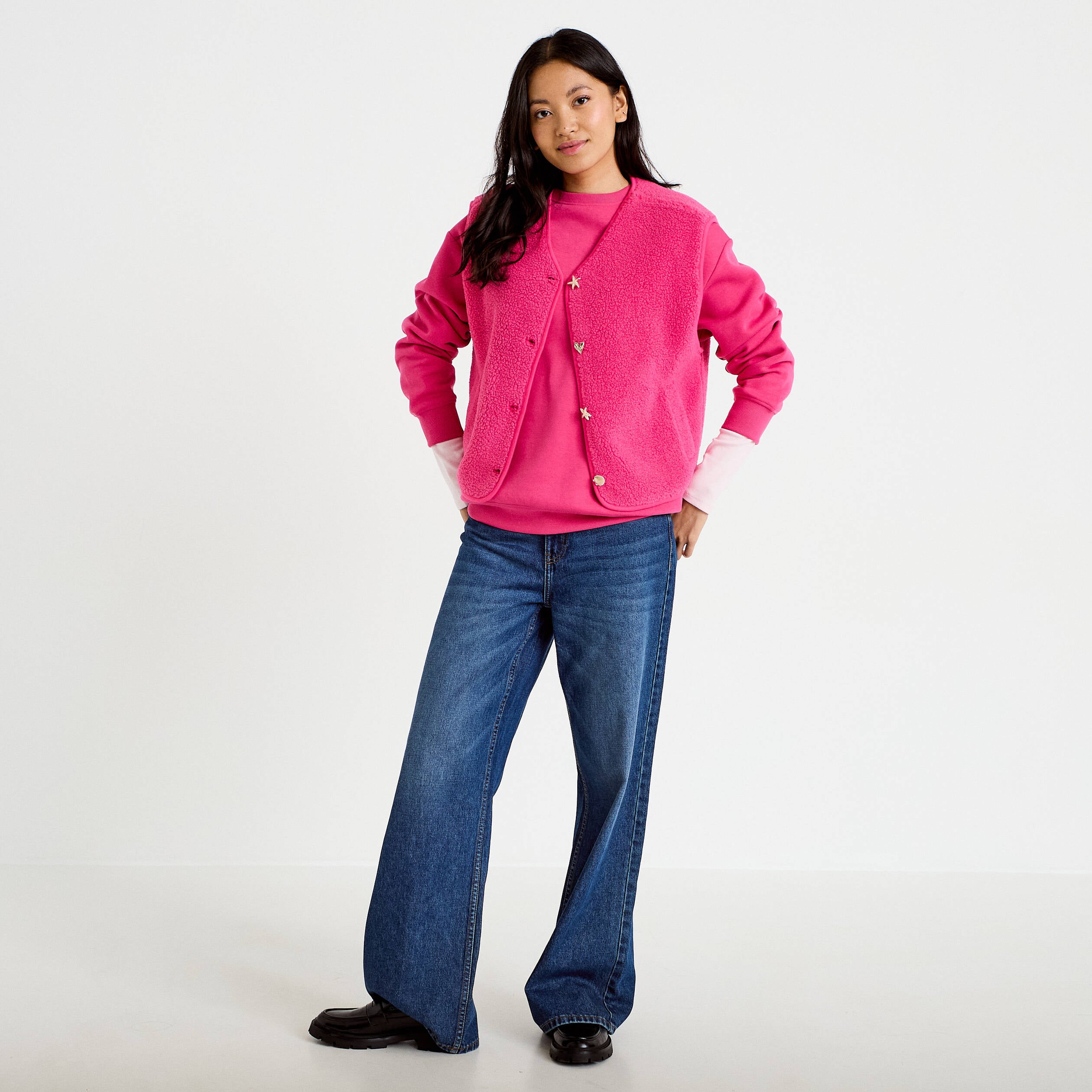Gilet sans manches effet polaire col v rose fushia femme