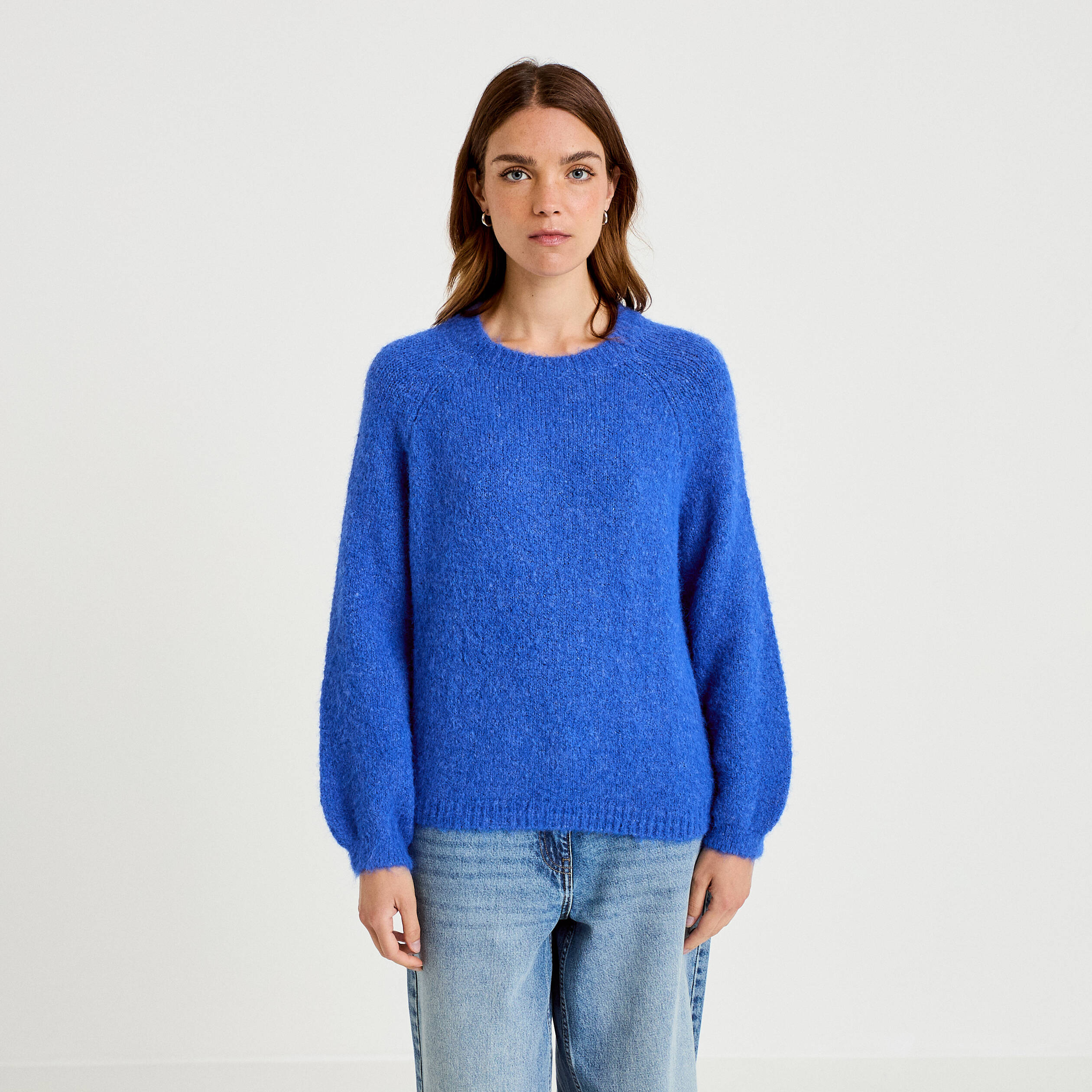 Pull ample col rond manches longues bleu electrique femme