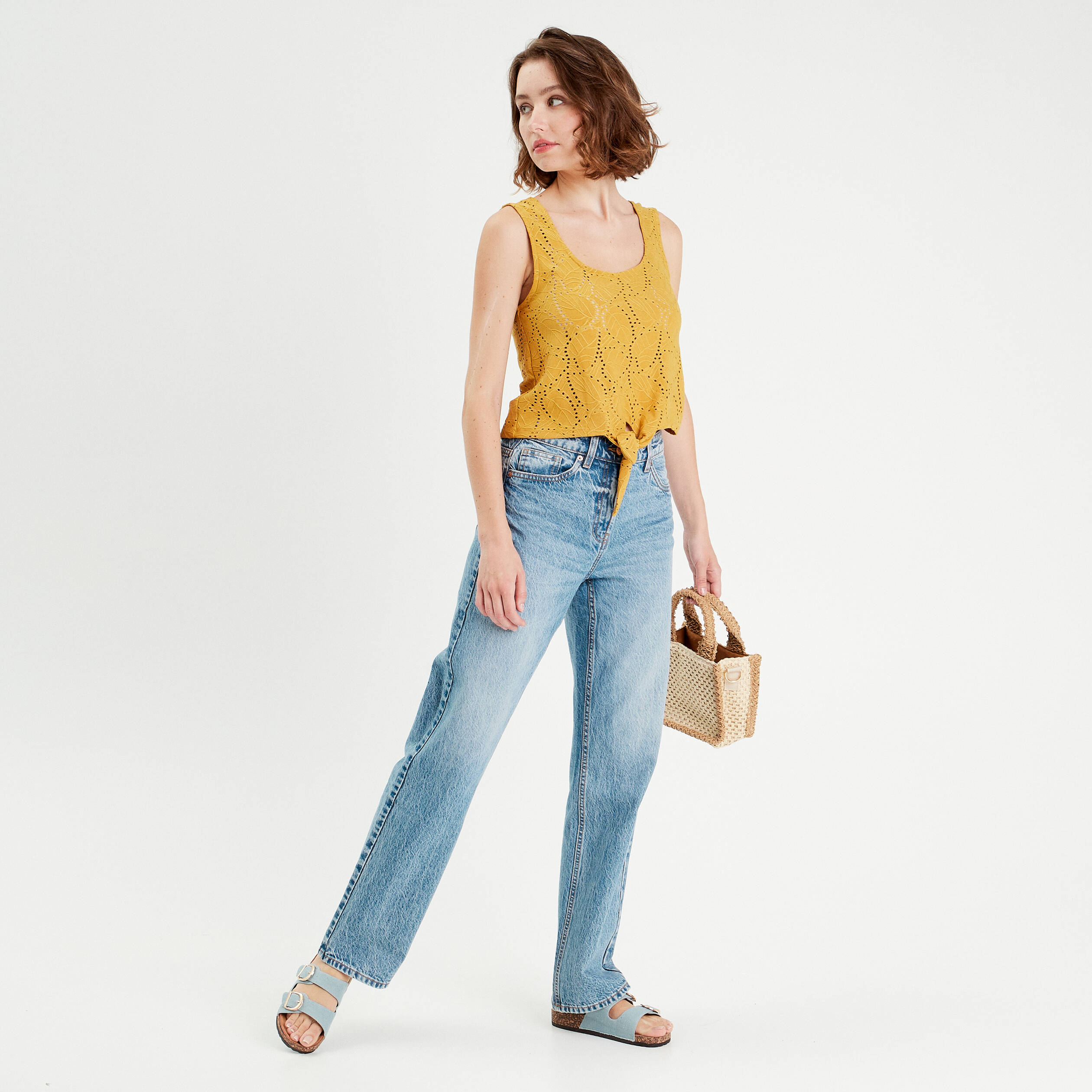 debardeur broderie anglaise jaune moutarde femme Débardeur broderie anglaise jaune moutarde femme