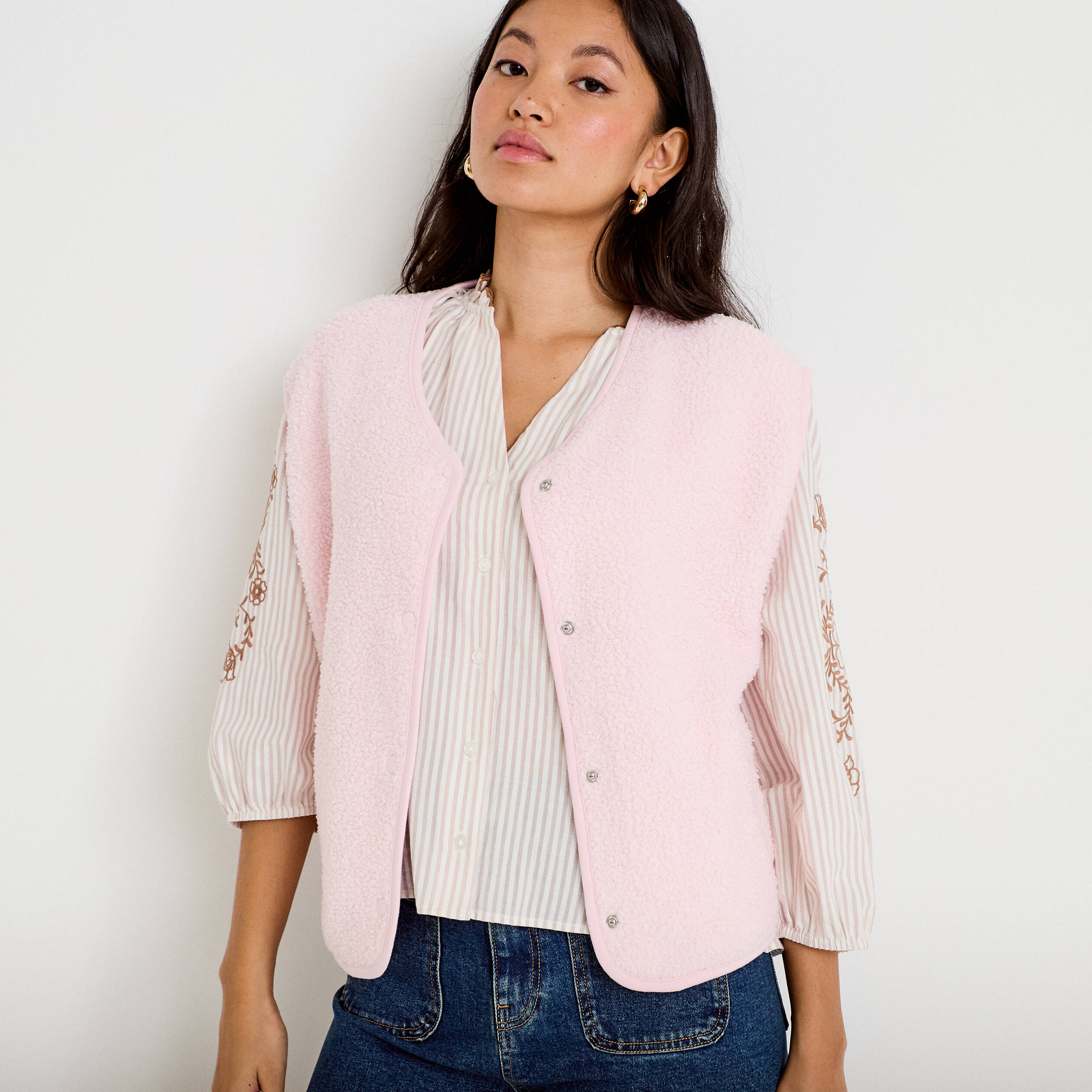 Gilet sans manches effet polaire rose clair femme