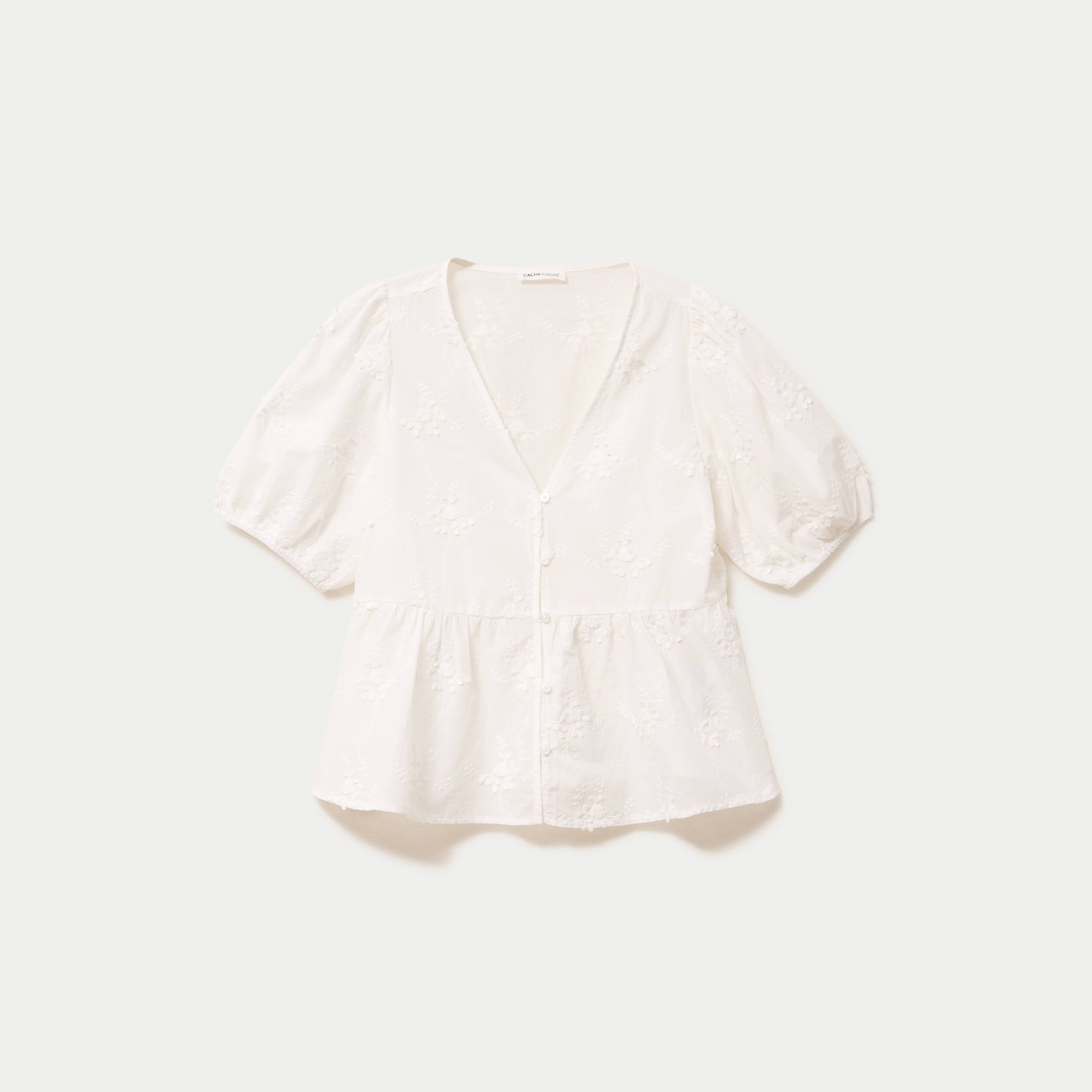Blouse col v manches courtes brod&eacute;e ecru femme
