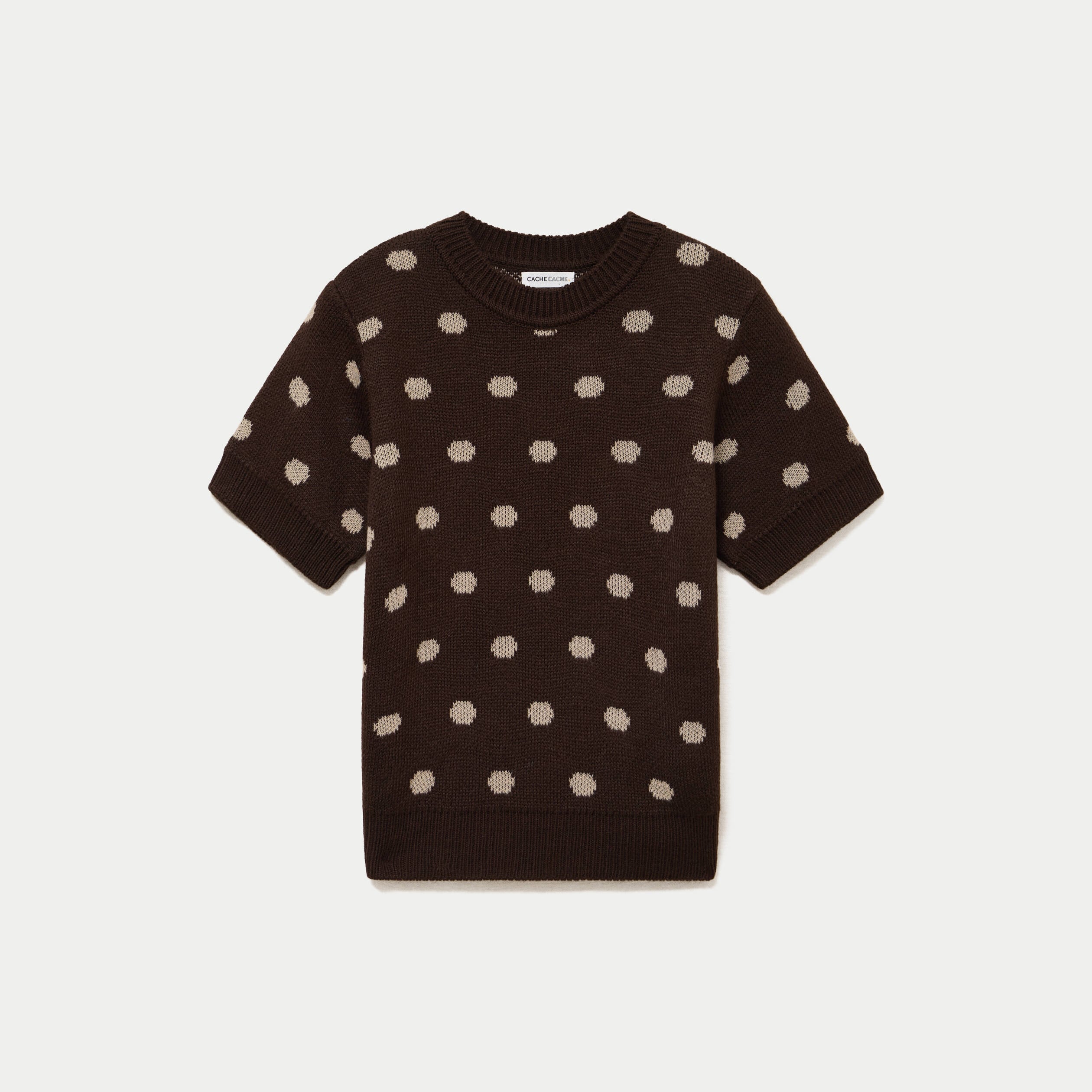 Pull cintr&eacute; col rond manches courtes marron fonc&eacute; femme