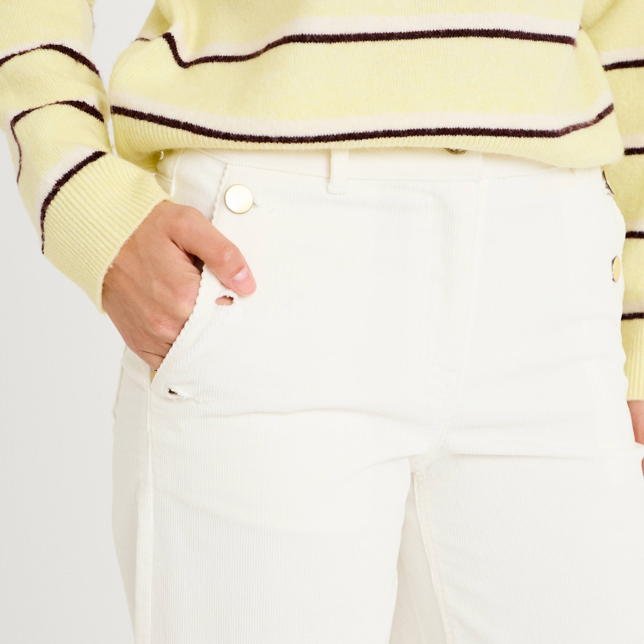 Pantalon bootcut taille haute velours ecru femme