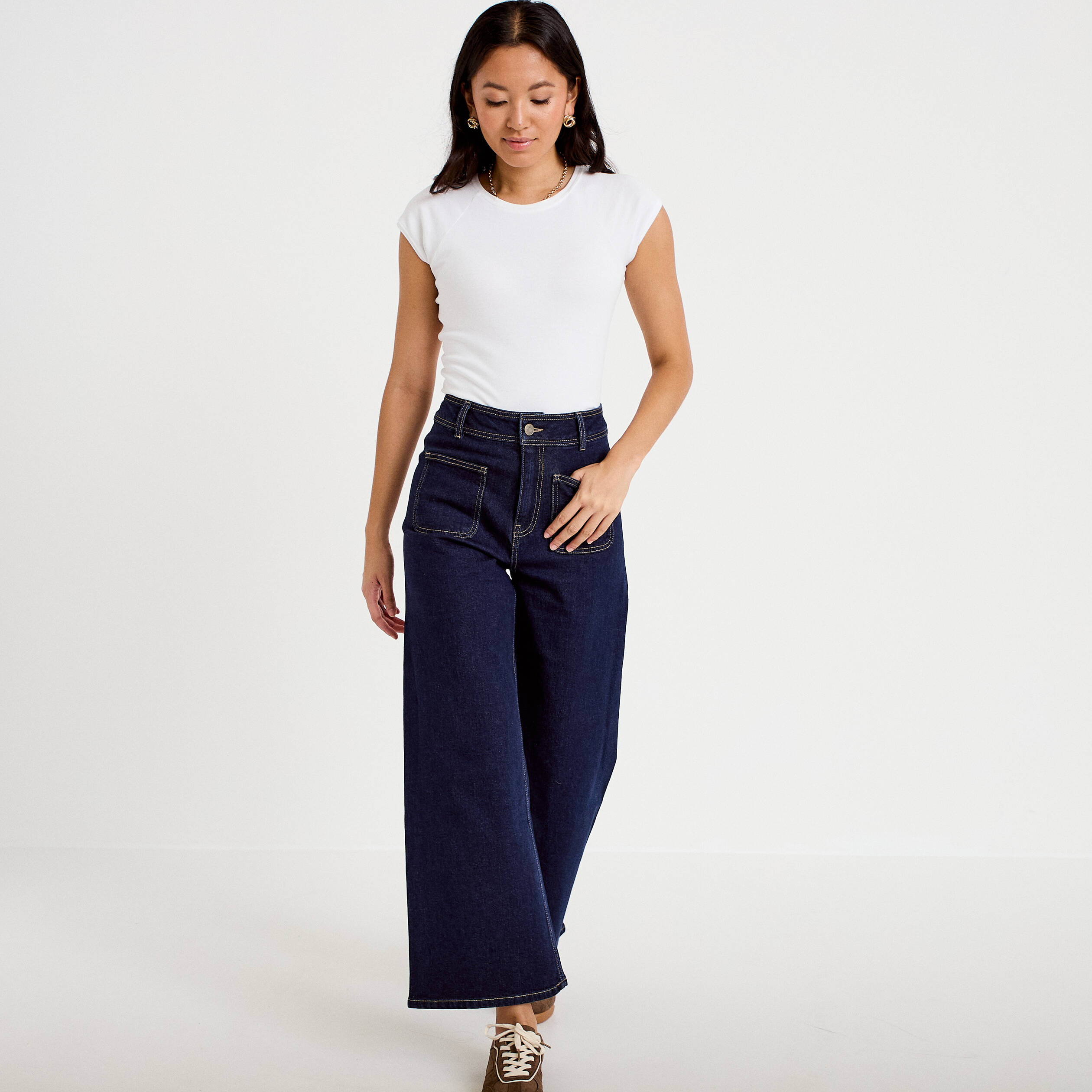 Jean wide leg cropped taille haute denim brut femme