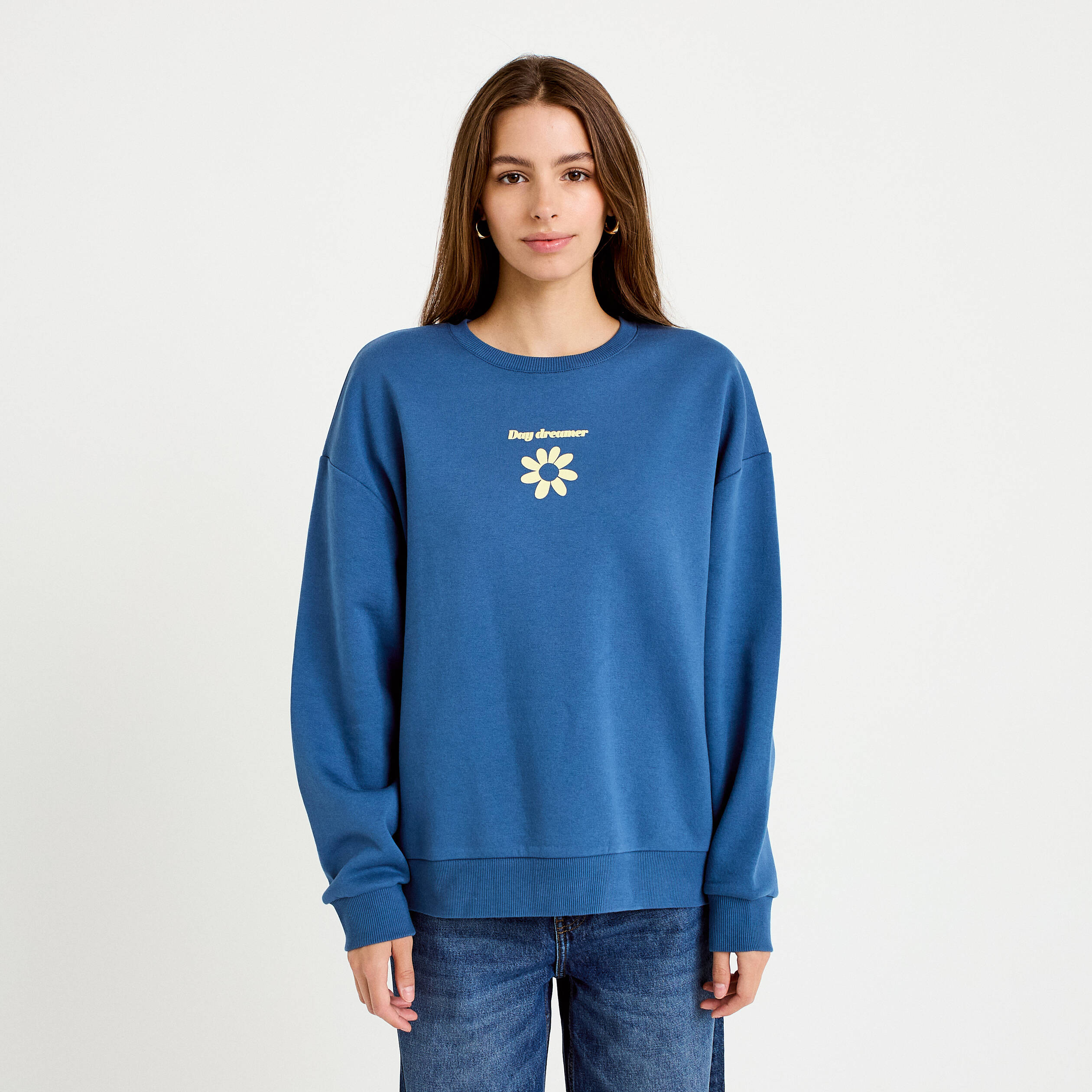 Sweat oversize col rond manches longues bleu fonc&eacute; femme