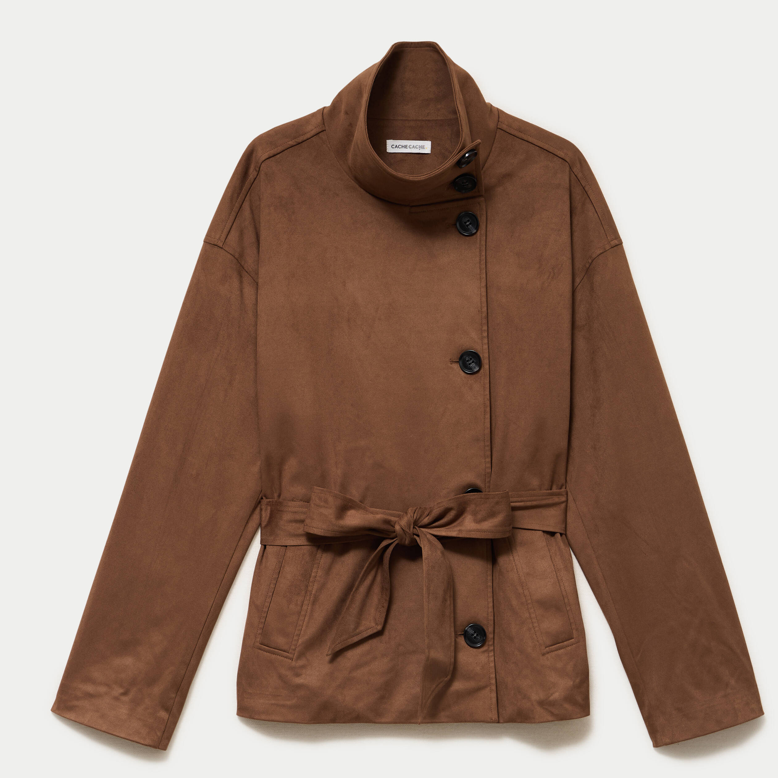 Caban droit col montant aspect daim marron femme