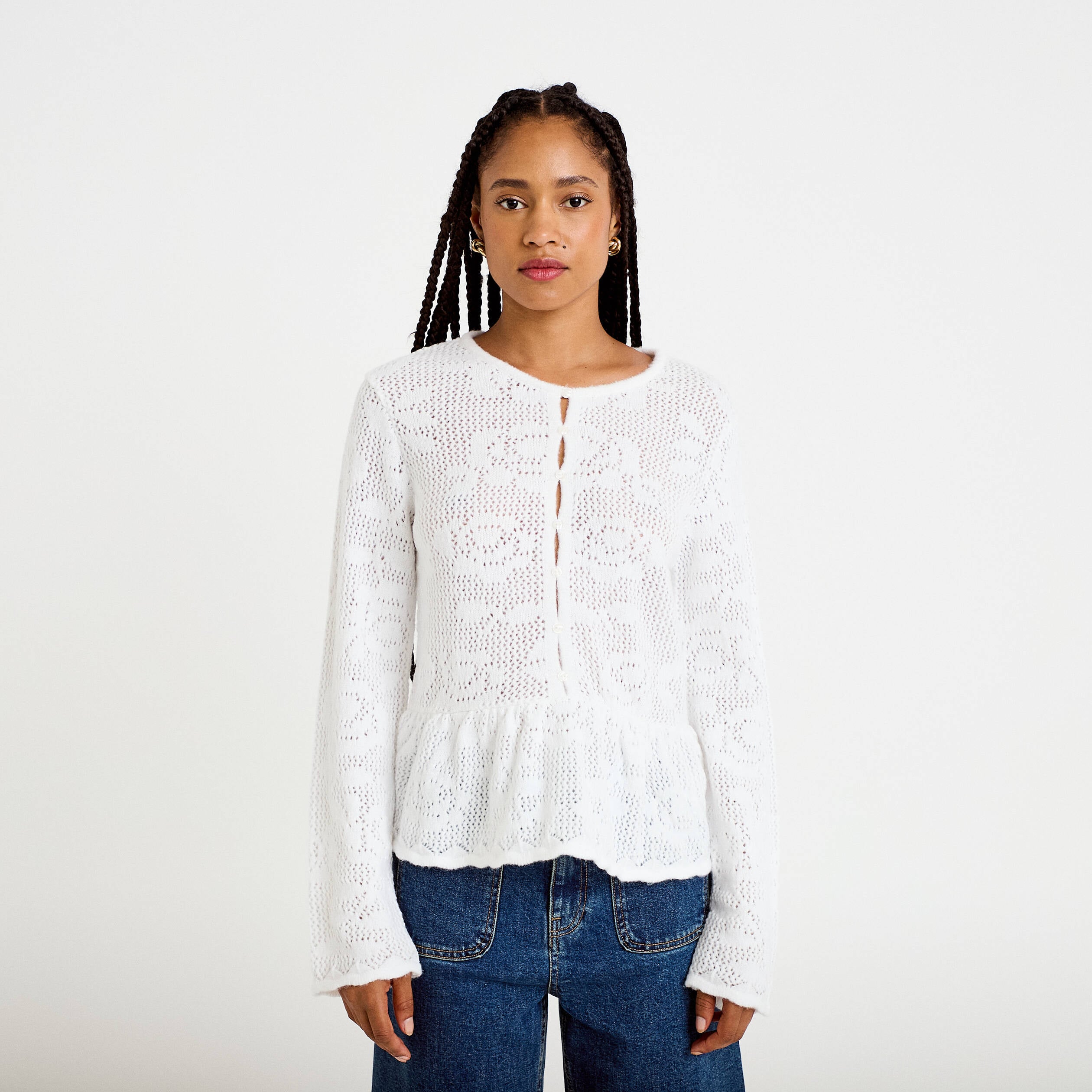 Pull ajour&eacute; p&eacute;plum manches longues ecru femme