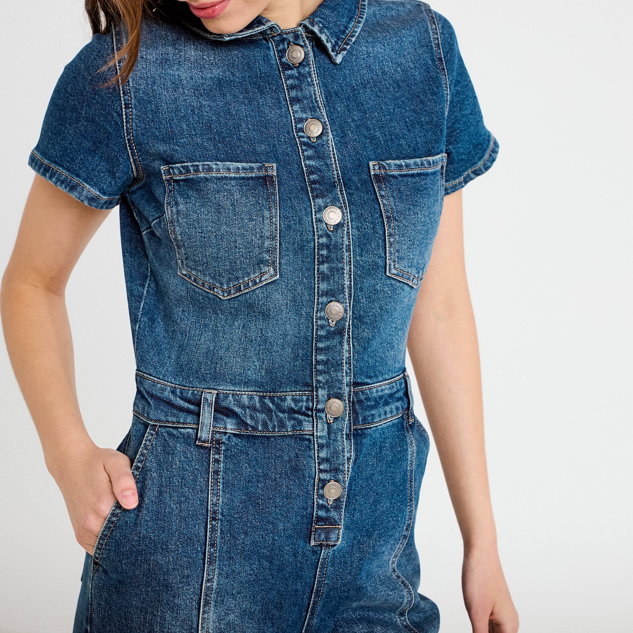Combinaison manches courtes denim stone femme