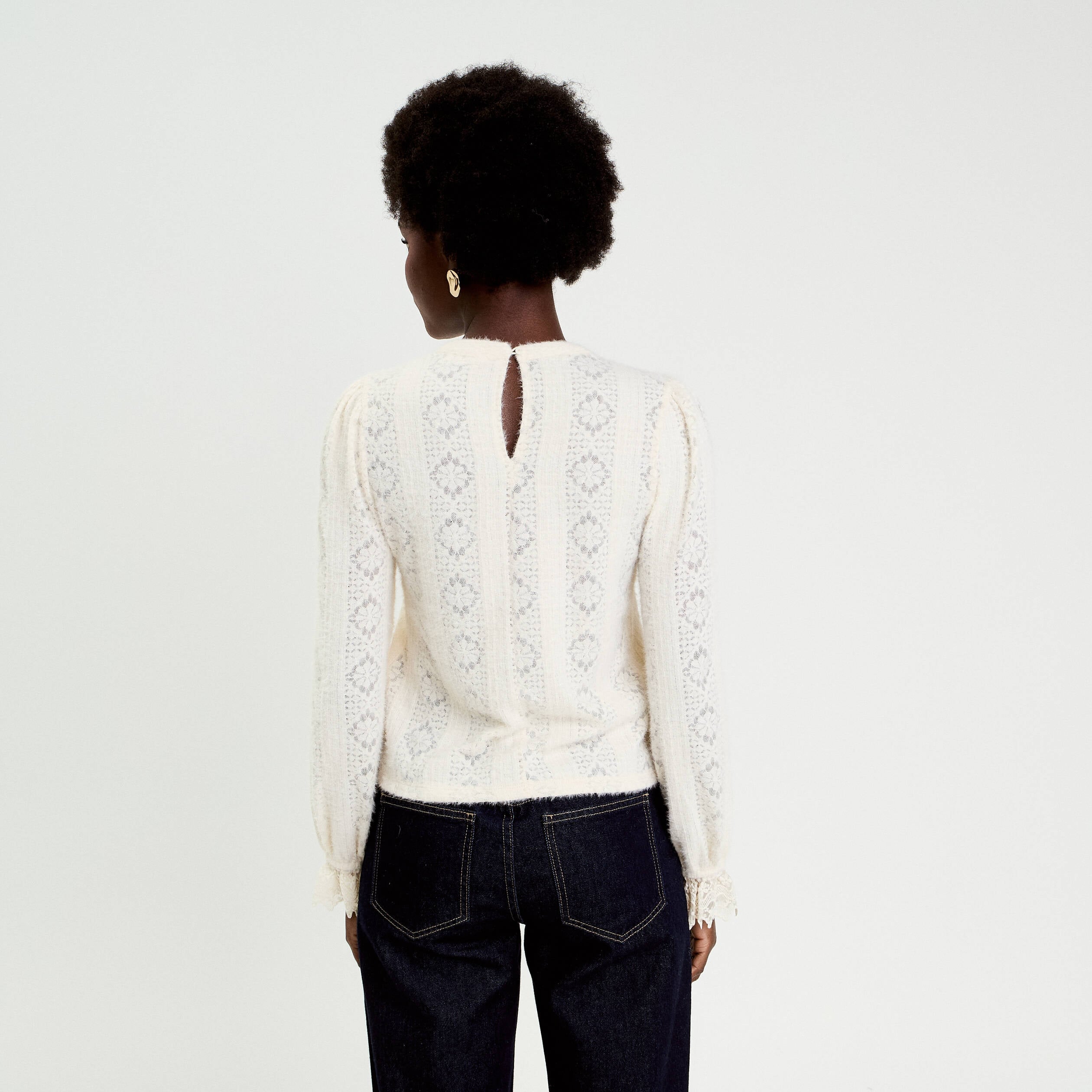 Top dentelle manches longues col rond ivoire femme