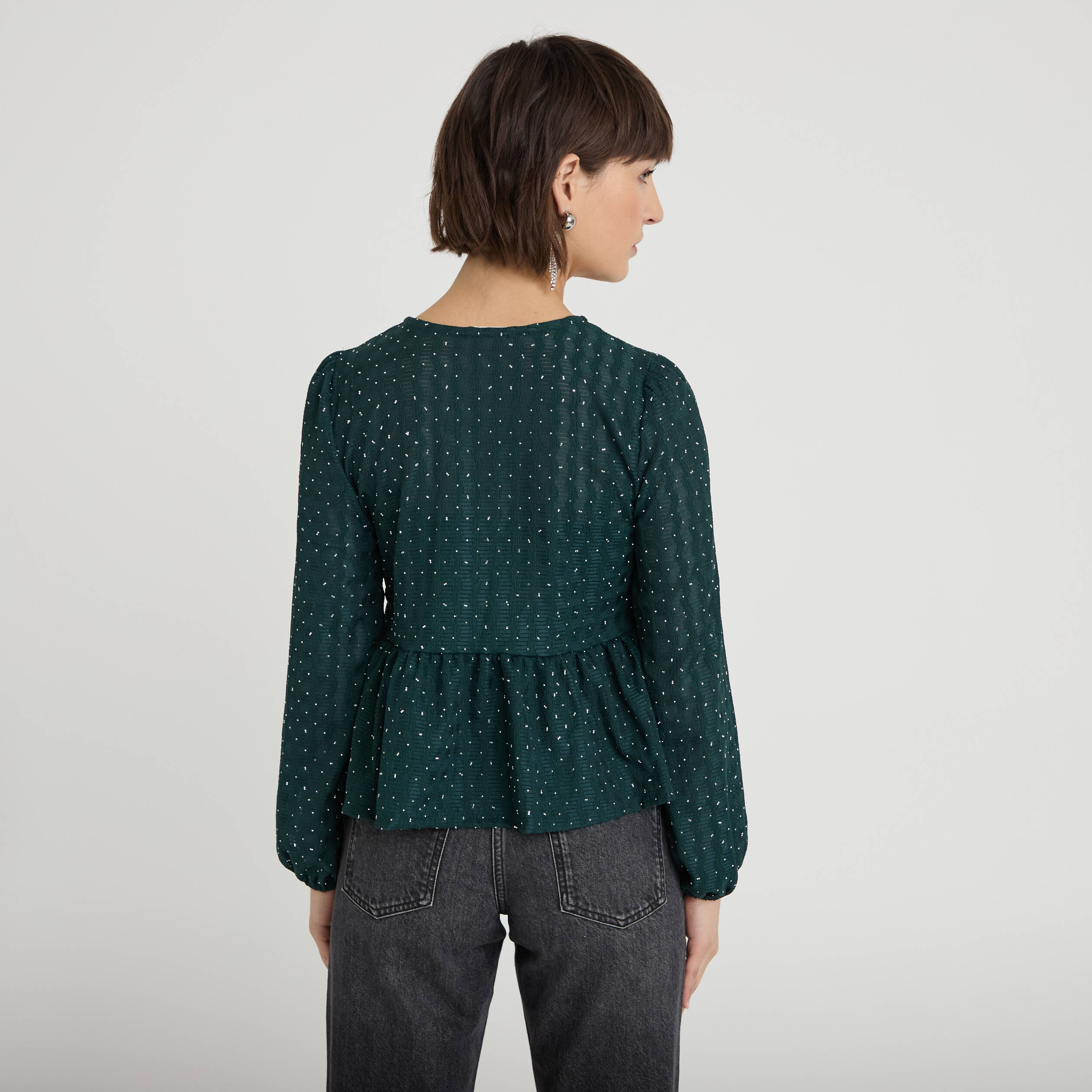 Blouse nou&eacute;e strass vert fonc&eacute; femme