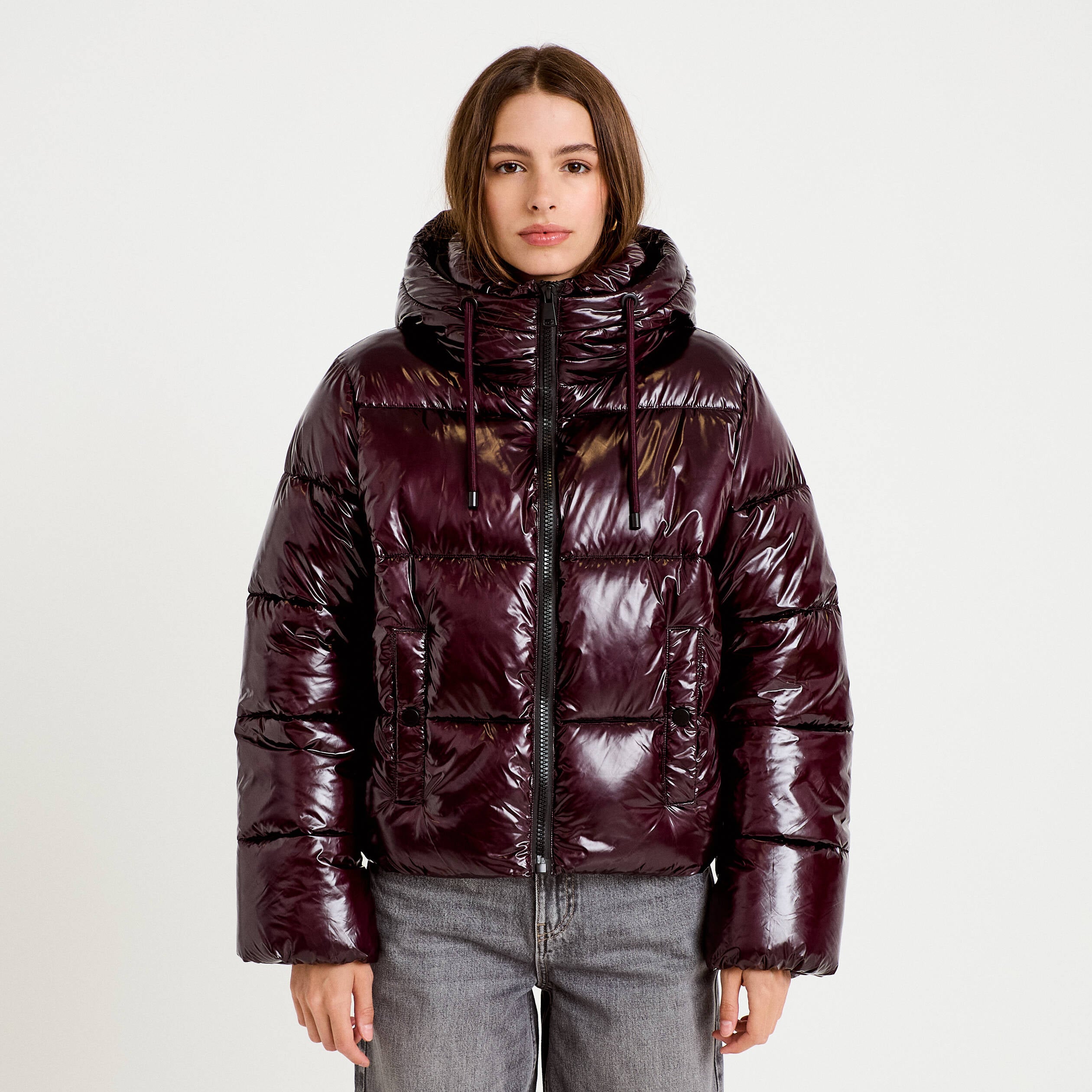 Doudoune bas resserr&eacute; manches longues violet fonc&eacute; femme