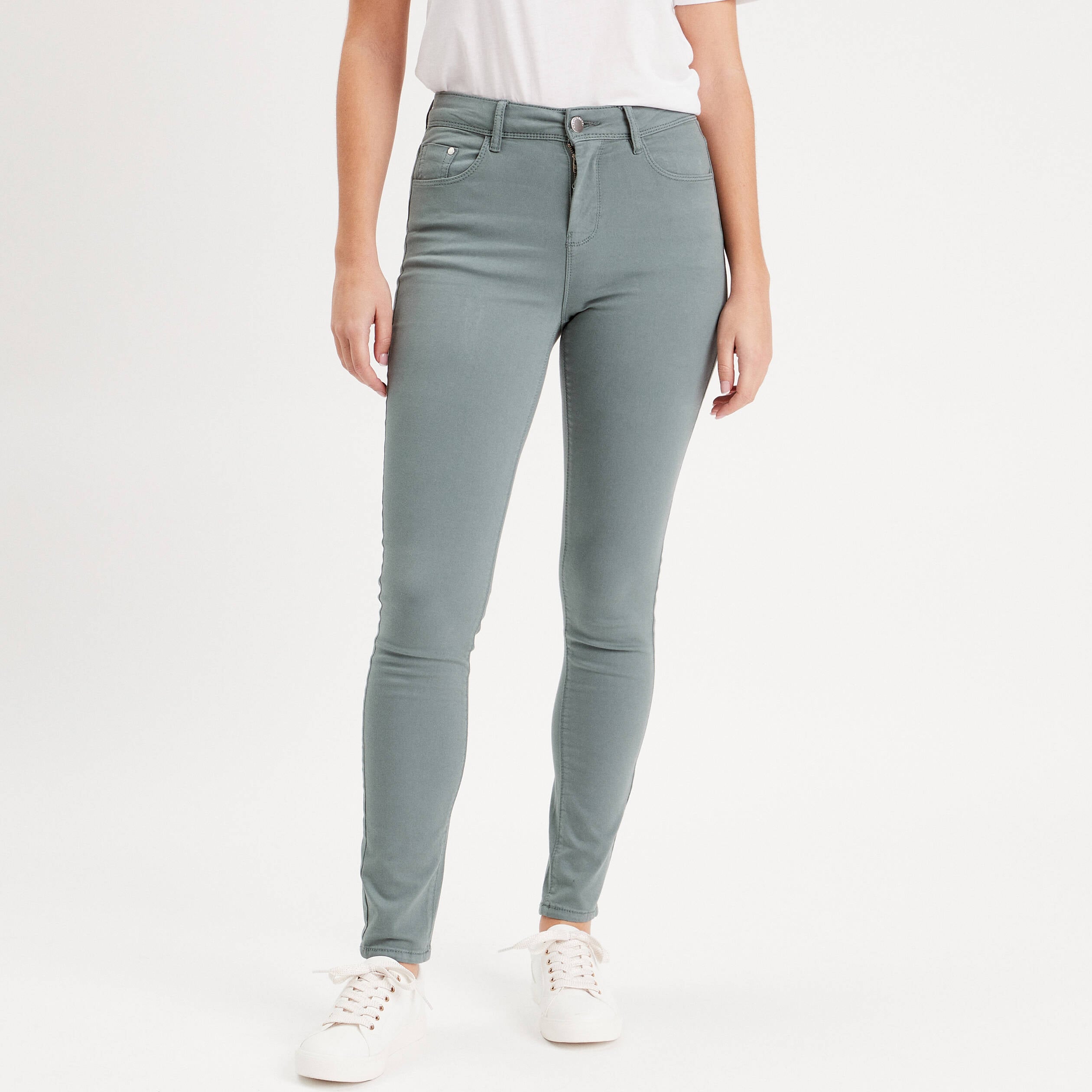 Jeans slim 5 poches vert fonc&eacute; femme