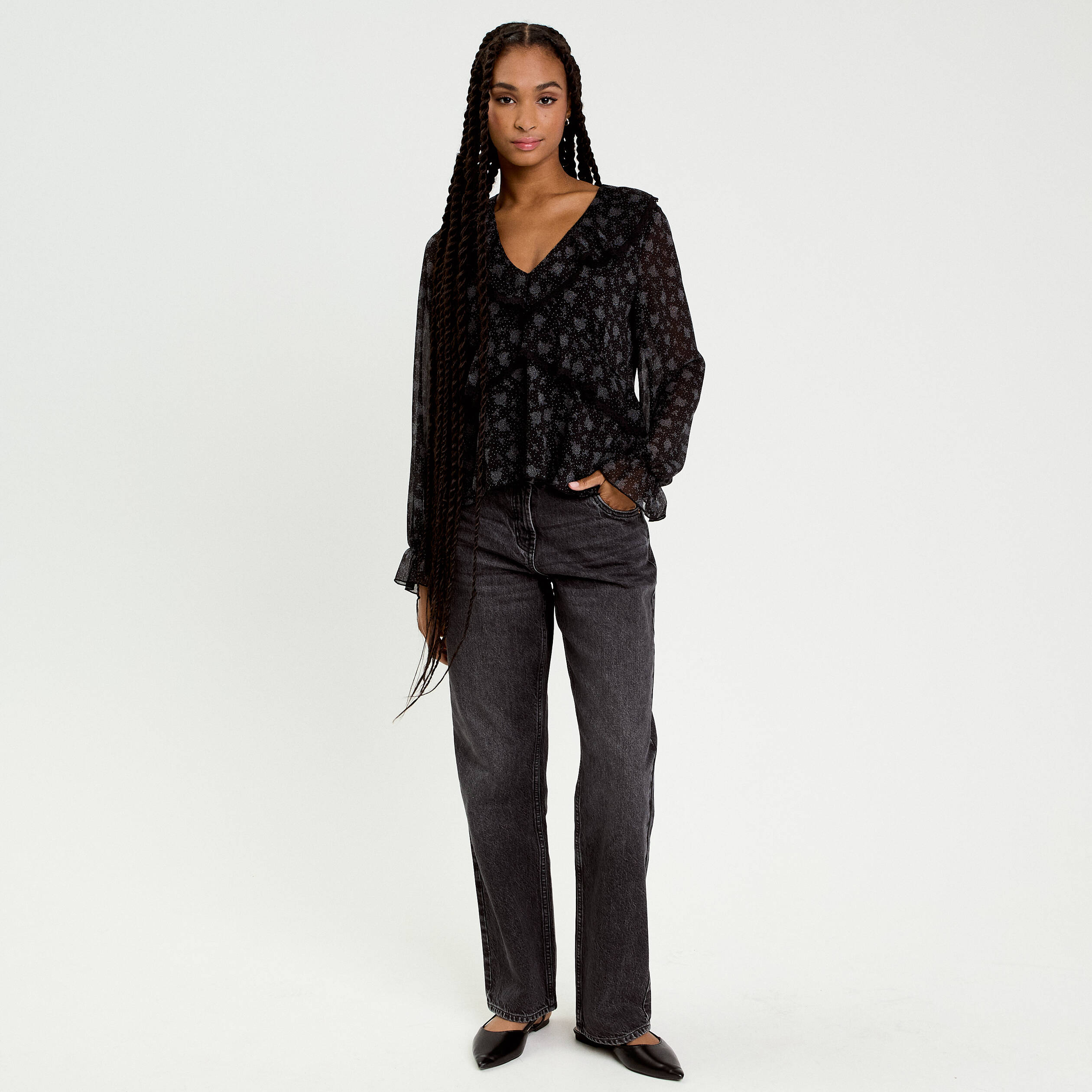 Blouse droite courte manches longues noir femme