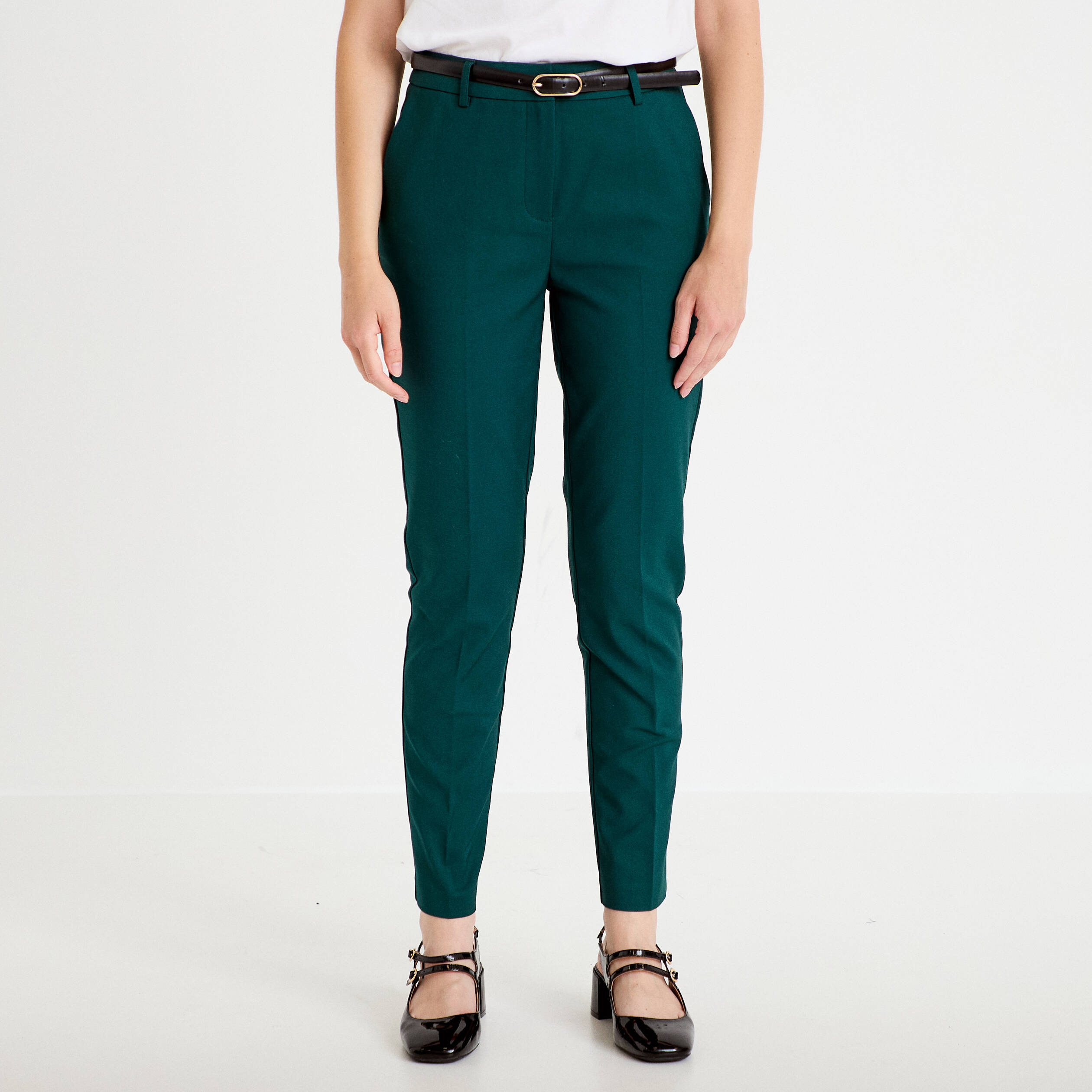 Pantalon cigarette ceintur&eacute; vert fonc&eacute; femme