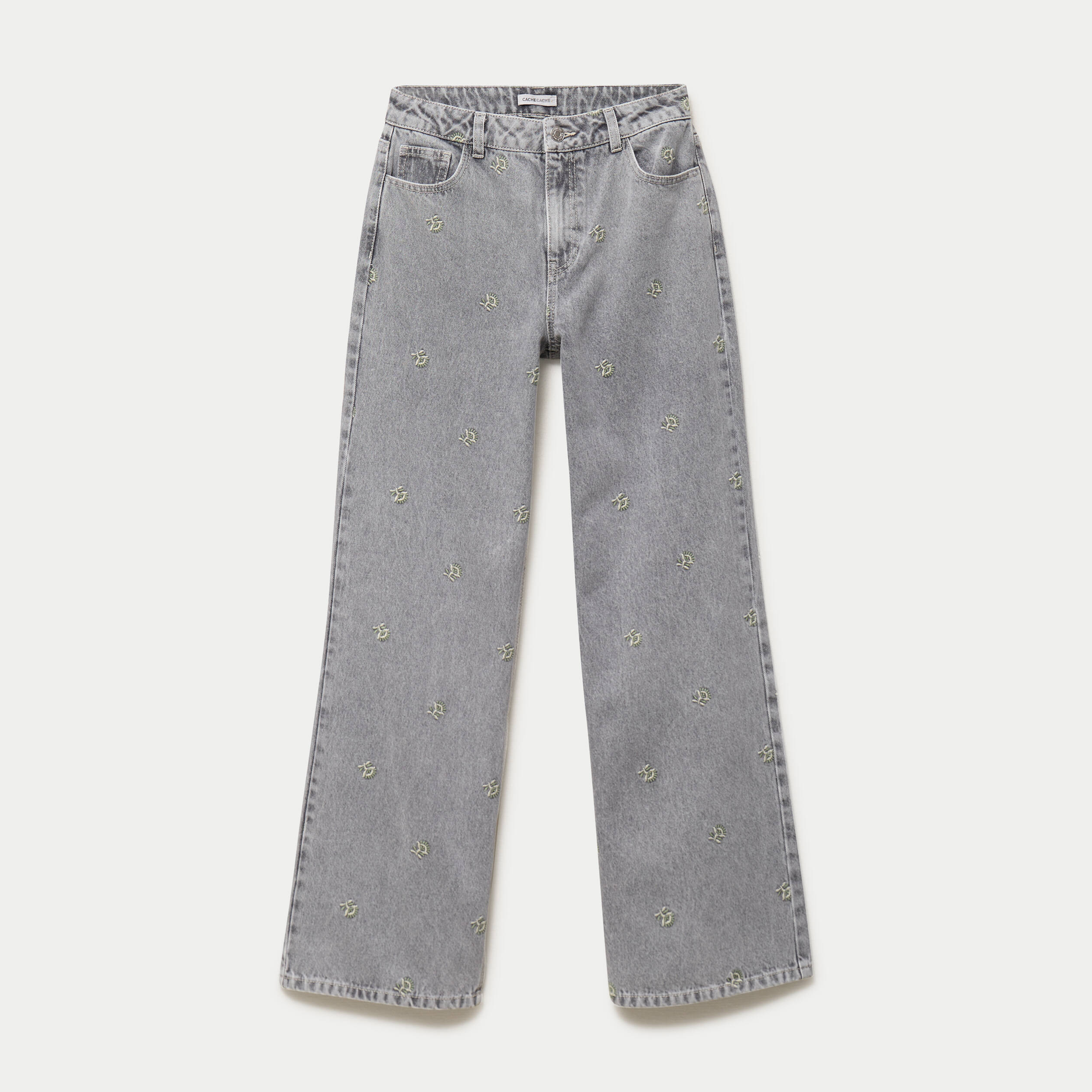 Jean wide leg taille haute brod&eacute; denim gris femme