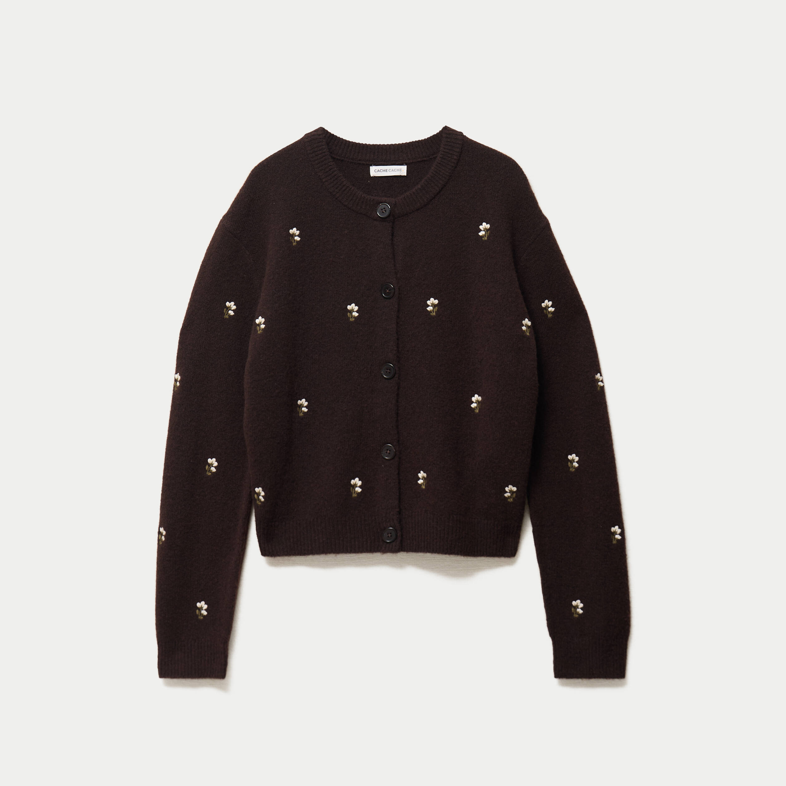 Gilet manches longues broderies col rond marron fonc&eacute; femme